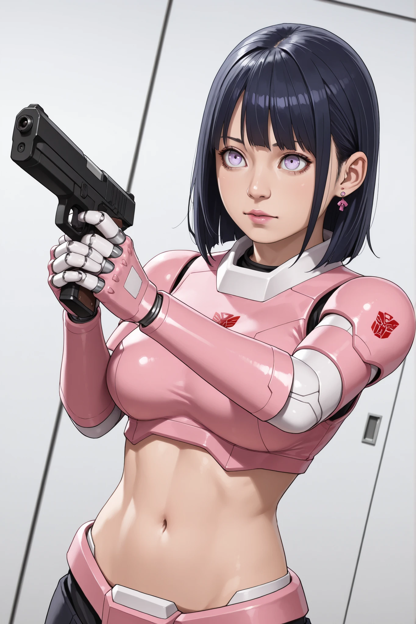 Hinata Hyuuga, medium hair, dark blue hair, square, Large breasts, skinny body, earrings, pink lips , lavender eyes, | RAW photo, (best quality:1.3), high resolution, (masterpiece), (photorealistic:1.4), professional photography, sharp focus, HDR, 8K resolution, intricate detail, extremely detailed CG unity 8k wallpaper, 1girl, extremely detailed robot face, extremely detailed, dynamic pose, dynamic angle, solo, autobot, TFFRArcee, armor, helmet, robot girl, holding handgun, (finger on trigger), handgun, nice mechanical hands, prefect mechanical hands,