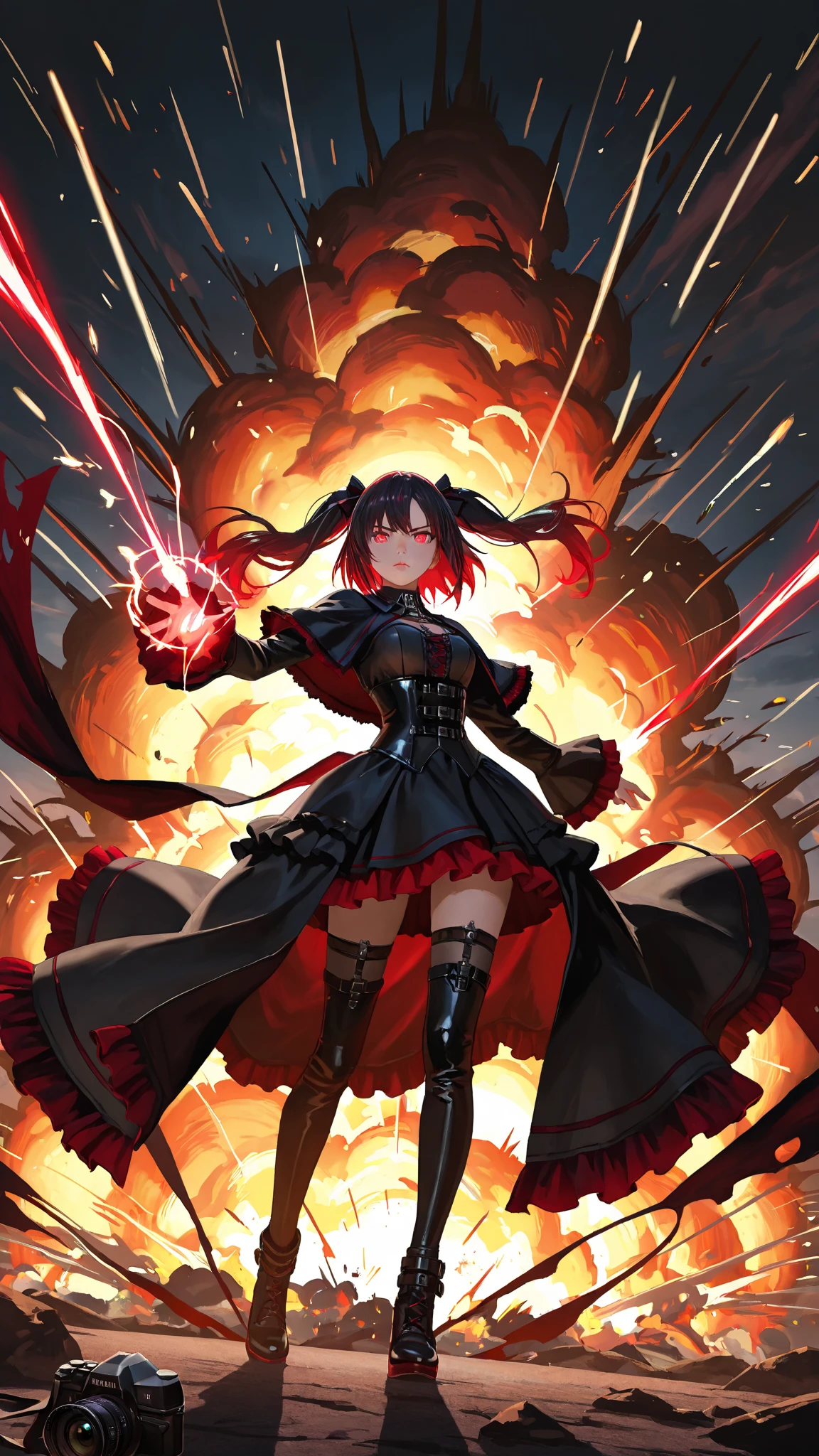 Highest quality, masterpiece, One Girl,Not beautiful, Red Ponytail, Long dress, brooch, Hair Ribbon, - Elbow hand pockets, Black knee socks, Standing on the rubble, Cityscape in a sea of fire, (Wicked Smile:1.1), Hands on hips,,Dark shadowed face,Sadistic smile,Malice,Contempt,smile,,Bad face,,Red Skirt,



