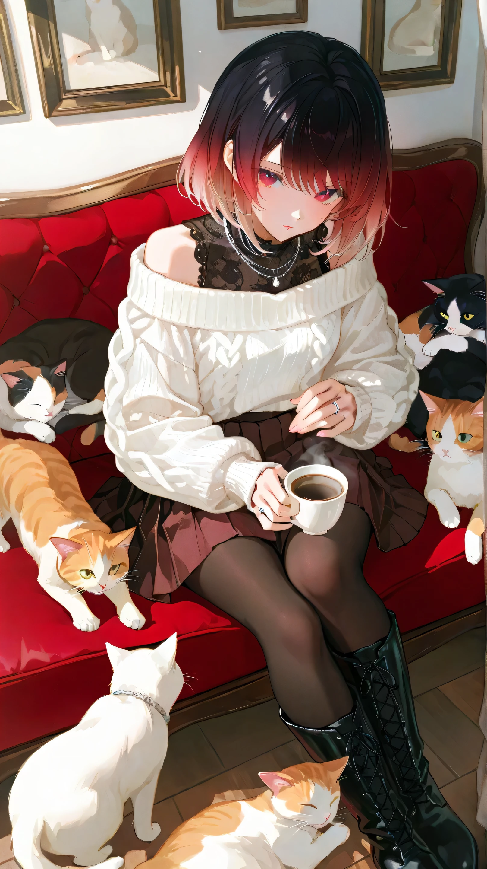 one girl,Delicate painting,A sophisticated eye,Shining red eyes ,Cat-like Eyes, holding a cup of coffee,{black} hair, [(gradient hair from {White} to {White}:1.4):0.4],Bob Hair,Many cat,silver necklace,ring,cat cafe interior, a girl sitting on a sofa surrounded by many cats playing around her, some cats on the sofa and others on the floor, wearing a cozy white off-shoulder knit sweater with soft texture, a brown pleated skirt, sheer black tights, and elegant lace-up long boots made of leather