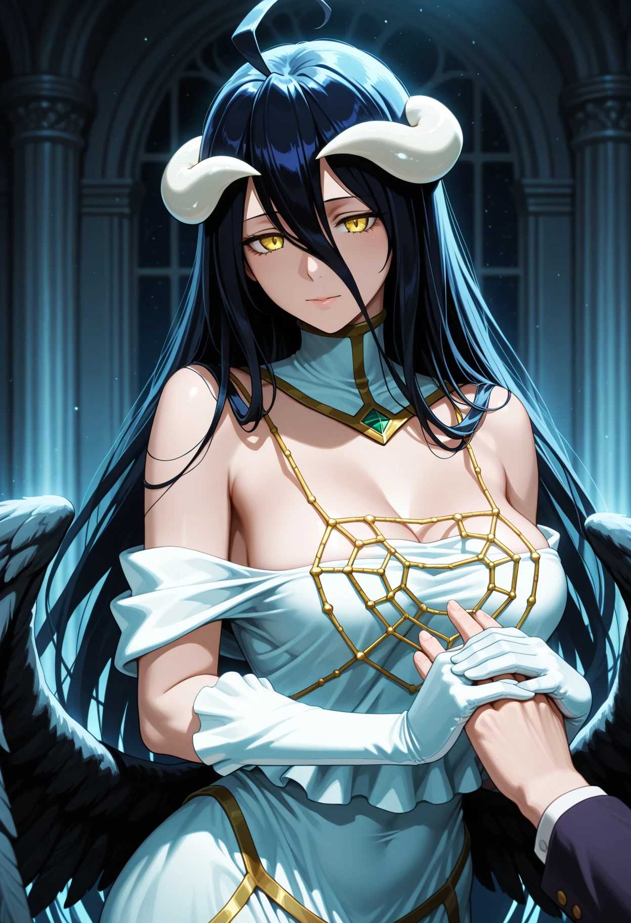 1girl, solo, (Albedo, Overlord: 1.3), (White Dress), (Thicc Thighs: 0.5), (Wide : 0.5), (: 1.3), (Standing,  Pose, hand on top of ,  expression, Contrapposto, in a dark blood covered castle with skulls all over the floor: 1.3), (From Front angle: 1.3), (Looking at viewer), (Cowboy Shot: 1.3), Dark Lighting, Lowkey Lighting, Dark Colors, highly detailed masterpiece, High_Resolution_Textures, (stunning design:1.2), (stunning concept design), Intricately_Detailed_design, Legendary_masterpiece, Realistic_texturing, ultra_soft_texturing, Complex_texturing, Insanely_Flawless_Details, Legendary_Details, Full_Color_scheme, Detailed_color_scheme, Complex_colors, Complex_details  <lora:Earthbound_-_Stanley_Lau_Artgerm_Artist_Style_-_IllustriousXL:1>