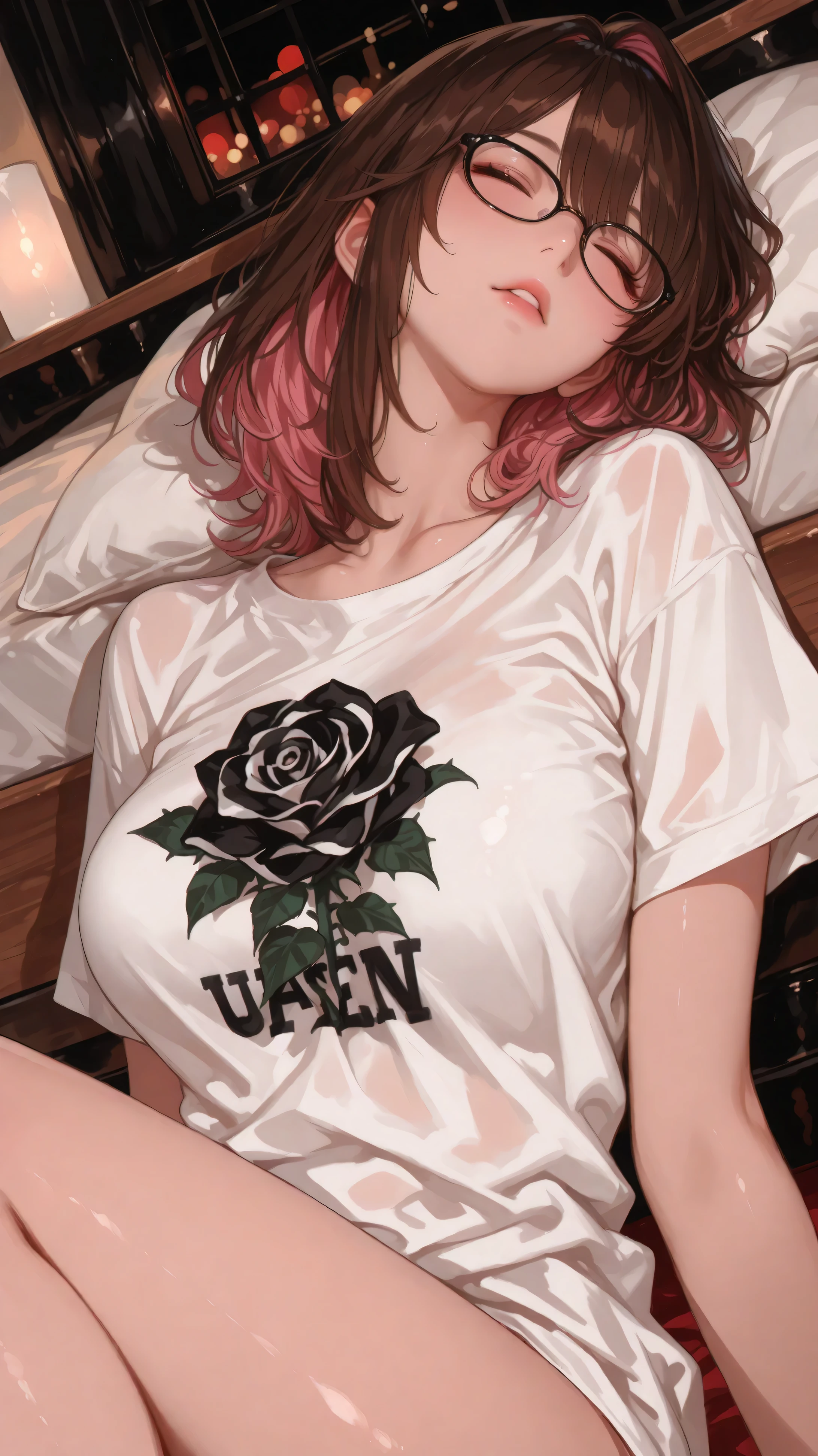 (masterpiece, best quality:1.4), anime style, ultra-detailed illustration, a beautiful 19-year-old woman, on the boat deck,medium hair,brown hair, rose pink inner hair, glasses, middle breasts,white pop art t-shirt,black and white sexy woman art,"HYSTERIC GLAMOUR",Woman sleeping in bed,Dutch angle,upper body,maorix,(masterpiece, detailed:1.2),High Quality,4K,8K,Fine,like anime style picture,HDR,UHD,Studio Lighting,extra fine painting,on the front of the body,physically-based rendering with legs open while sitting on a chair,extreme details,Professional,vivid colors,Bokeh,natural pose,Narrative Expressions,Graceful Modeling,pastel color,Soft Light