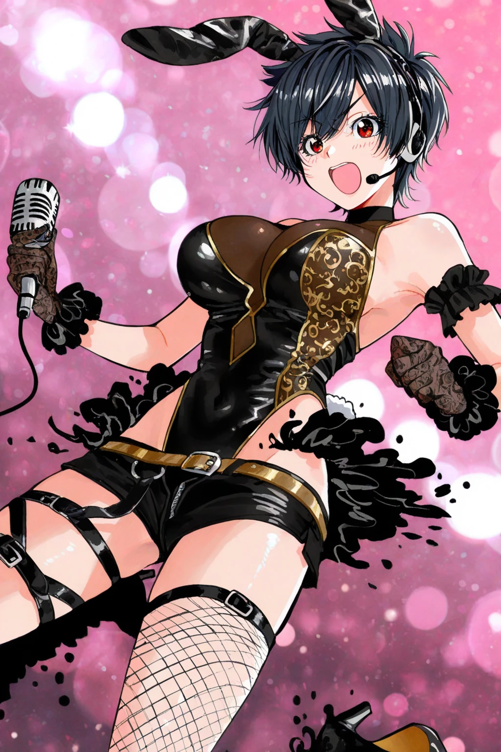 nsfw,(super fine illustration,8K CG wallpaper,best quality,extremely detailed,ultra high res,best aesthetic),(cowboy shot,from front),idolmaster, {{{haruna Kamijo}}}, (20yo, beautiful girl), (beautiful black eyes),((((beautiful black hair)))), ((short hair)), (((bule rim glasses))), (wet hair), (wet skin), ((sweat)), ((steam)), (flat chests,midium breasts), (tall), (slender), (((bule cyber suit))), (((see-through)),((open clothes)), ((pubic black hair:1.5)), ((on stage)), ((((spread legs)))),((spread pussy:1.5)),(open mouths), (smile), ((stick out tongue)),(feel good), (one eye closed),((singing)),((((behind right hand)))),(((hold the microphone with your left hand))),((headset))),(bukkake, cum on body:1.3),((((female masturbation)))),ecstacy,((bule clothes)),(((sex, cowgirl, pov))),spotlight,