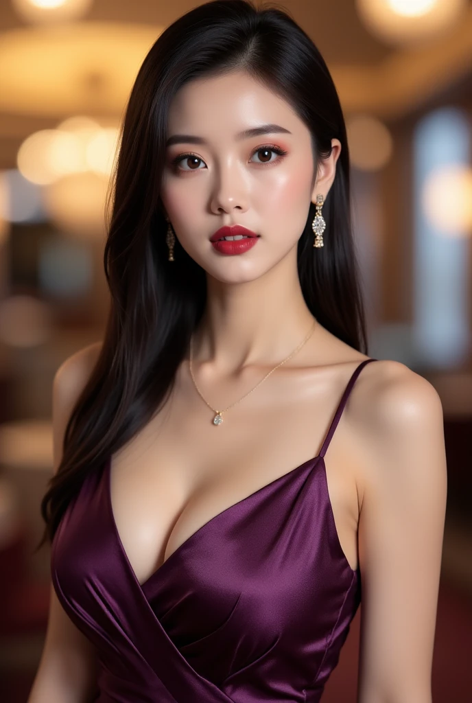 masterpiece, highest quality, Realistic, Very detailed, Finer details, High resolution, 8k wallpaper, One beautiful woman, Wear a dark purple  shirt, In a great restaurant, At night, Light brown messy hair, Perfect dynamic composition, Beautiful and beautiful eyes、Big earrings