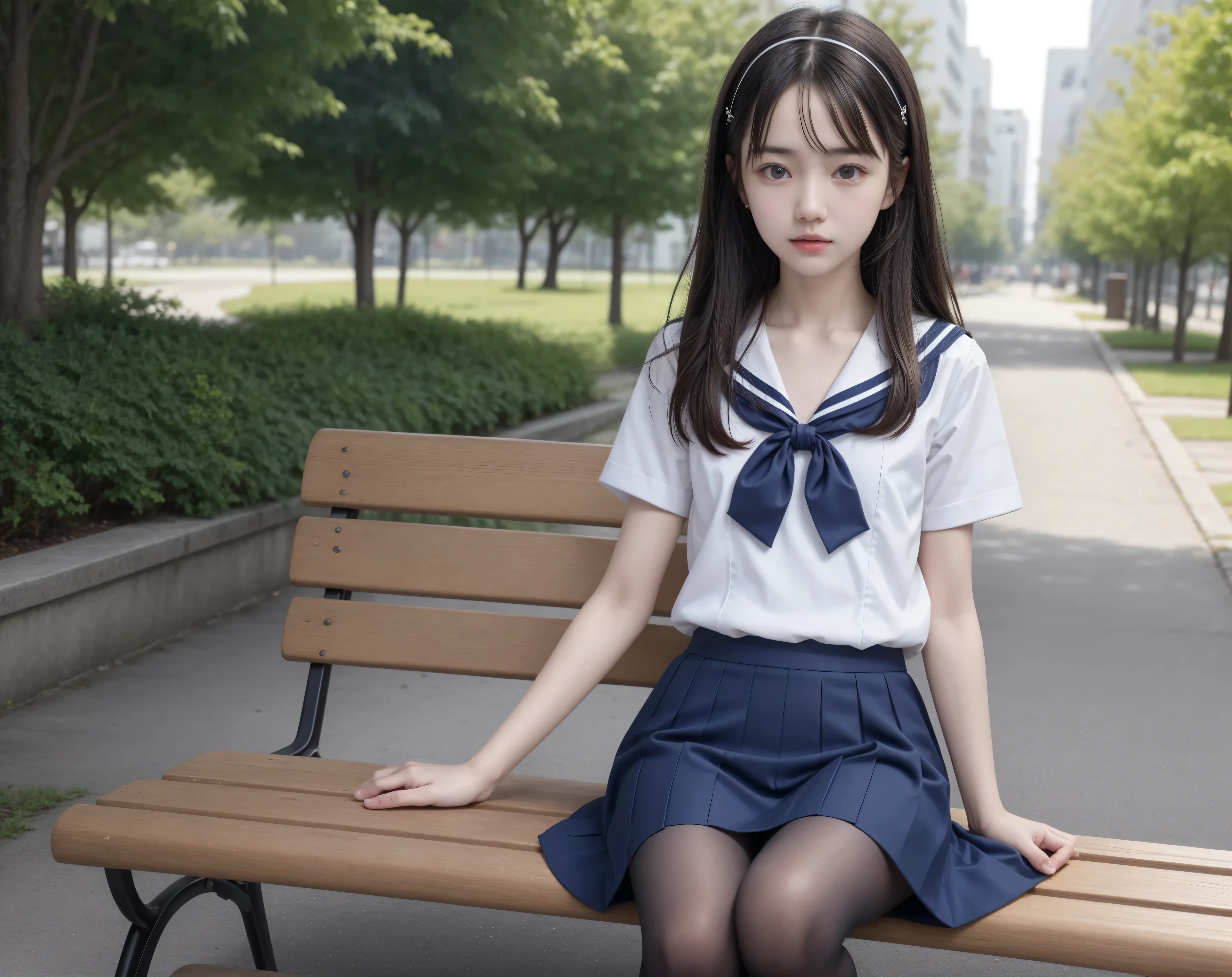 20 years old,cute girl,かわいいyounger女の子,slender,Skinny,short,skinny,slender body,Low body weight,younger,cute hairpins,sailor suit cosplay,Navy Blue Skirt,realistic,Sitting on a park bench,small breasted,japanese,Narrow Shoulder,black tights,dark hair