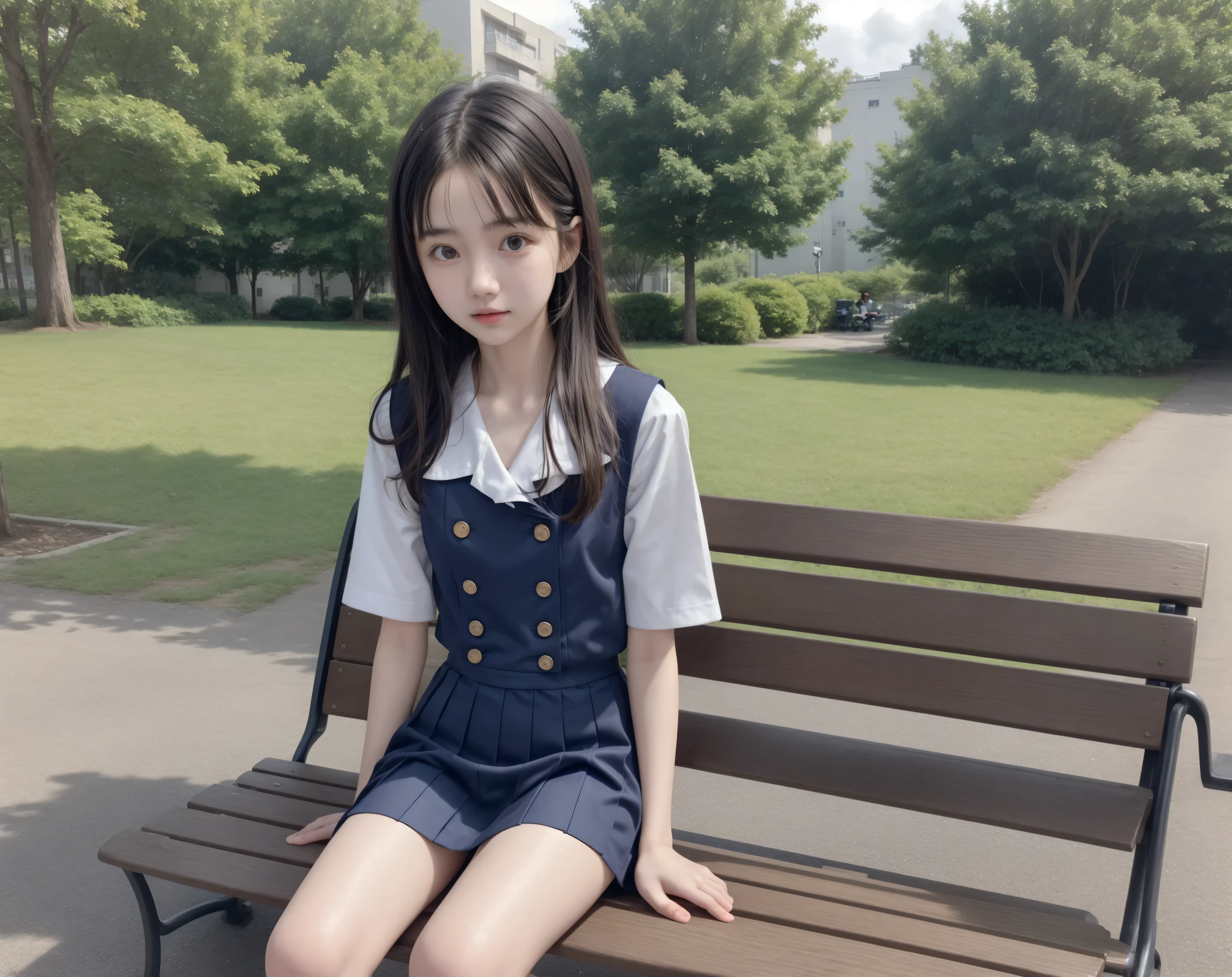 20 years old,cute girl,かわいいyounger女の子,slender,Skinny,short,skinny,slender body,Low body weight,younger,cute hairpins,sailor suit cosplay,Navy Blue Skirt,realistic,Sitting on a park bench,small breasted,japanese,Narrow Shoulder,black tights,dark hair