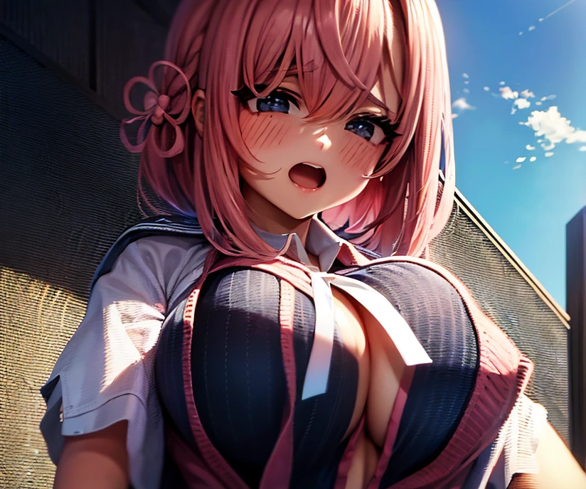 masterpiece, Highest quality,High resolution,Dorothy, Pink Hair、Large pupil、Braid, One side of the dress is torn at the chest、Dust cloud、tits、Nipples fully visible、receive damage from an attack、anime、((Battle scene in the ruins))、blush