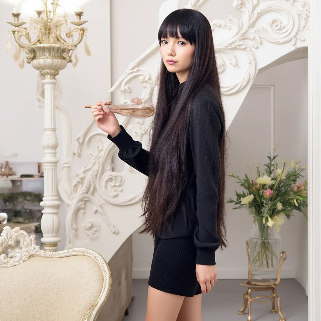 （top quality、top quality、 highest resolution 、 Super Real Photos、full body image、masterpiece、16ｋ、） her hair is longer than her height！She's a beautiful woman with very long hair。 beautiful hair 。 Wakai Female。she is 23 years old。  her hair is about 10 meters long  。Her hair is much longer than her own height.。 most beautiful face in the world 。 A very beautiful face with clear eyes and nose 。 the longest hair in the world 。 World Long Hair Contest Winner 。She's a world long hair champion。 The length of her hair is amazing 。A beautiful woman with a lot of hair  。 hair longer than Rapunzel 。 describes all of her long hair 。 extra long straight hair 。smile。depicting every tip of her hair 。彼女の驚くほど長くてbeautiful hairを全て描写する。she is sitting at her luxurious study desk、stroking her very long hair。 Much of her very long hair is flowing down the floor。My den is filled with her hair。The study is full of red, blue, and white rose petals。The desk is filled with jewels such as diamonds and rubies and it's gorgeous。Terribly shiny hair。The finest study。a den filled with gold and silver treasures。she is proud of her long hair。straight black hair。The location is a gorgeous study studded with jewels。, a woman with beautiful proportions。Super long black hair。straight black hair。