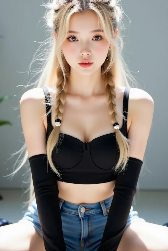 blond woman with a choke and a black top posing for a picture, asian girl, sexy girl, inspired by Yanjun Cheng, by Jason Chan, bralette, sexy :8, translucent body, ross tran 8 k, beautiful asian girl, wearing a sexy cropped top, fishnet, by David Diao, korean girl, yanjun chengt, sexy look