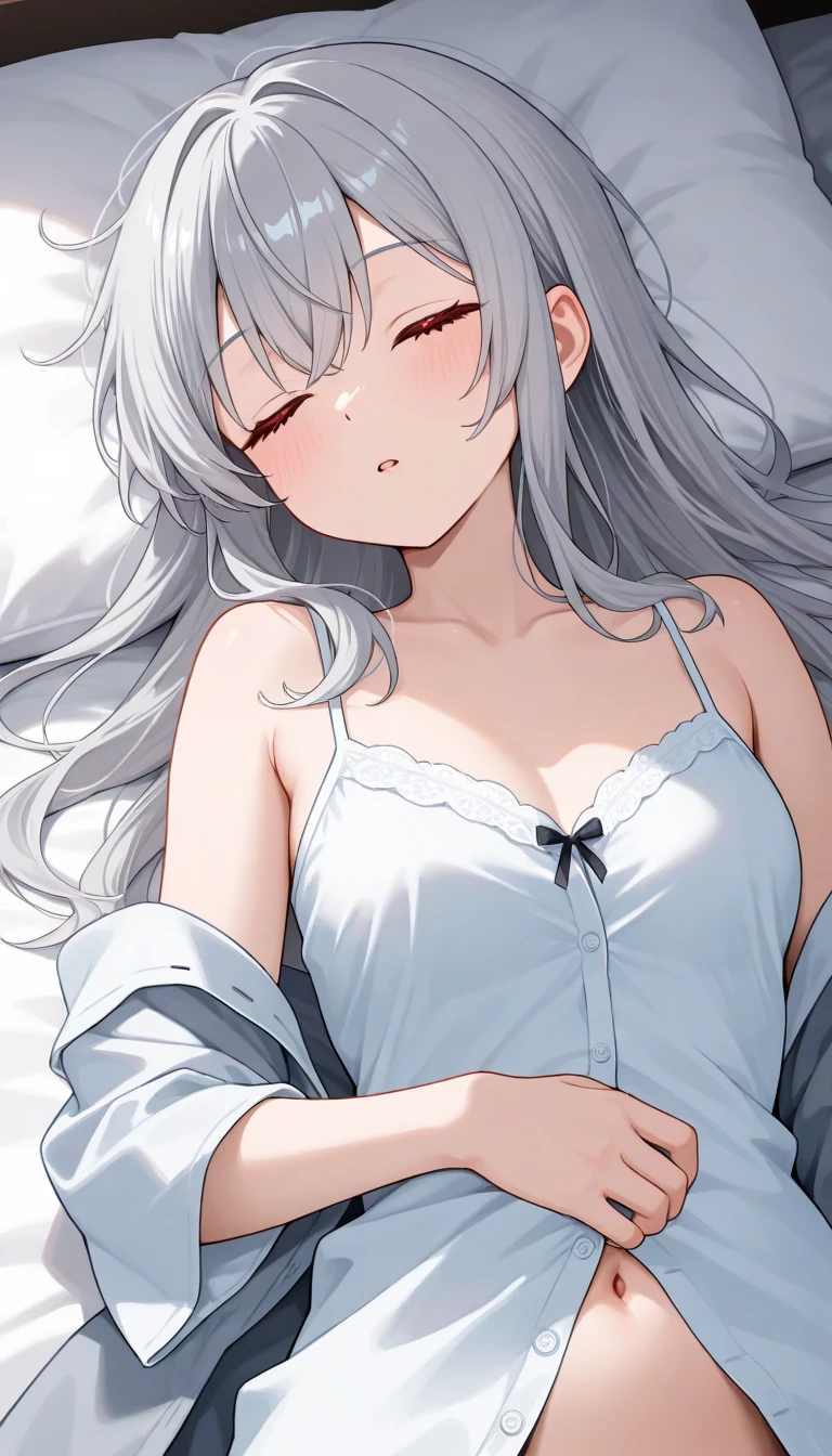 1girl in、A smile、A delightful!　Cute Pajamas、dressing gown、blanche、（small tits）、Sleeping in large letters、Upper body portrait、