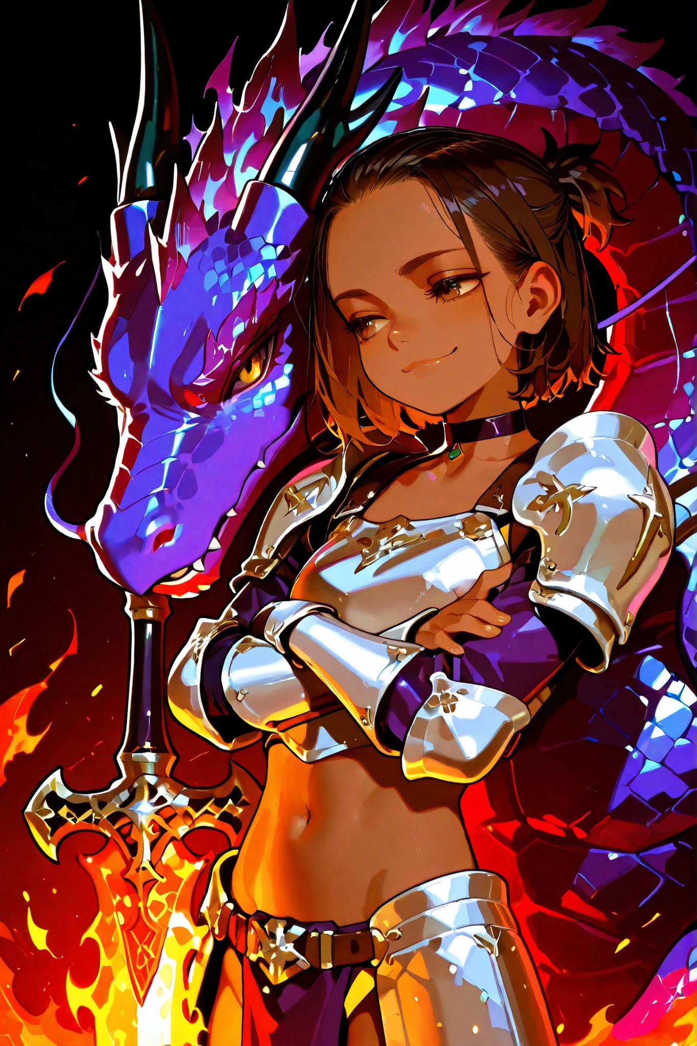 score_9, score_8_up, score_7_up, 1girl, young knightess, ((small girl and large dragon)), Indian girl, ((dark skin)), forehead, short hair, bob hairstyle, half ponytail, short ponytail, brown hair, brown eyes, haughty, cocky, smug, choker, arms crossed, leaning on large dragon, girl and dragon, skimpy dragoon armor, flaming sword, red colors, purple colors