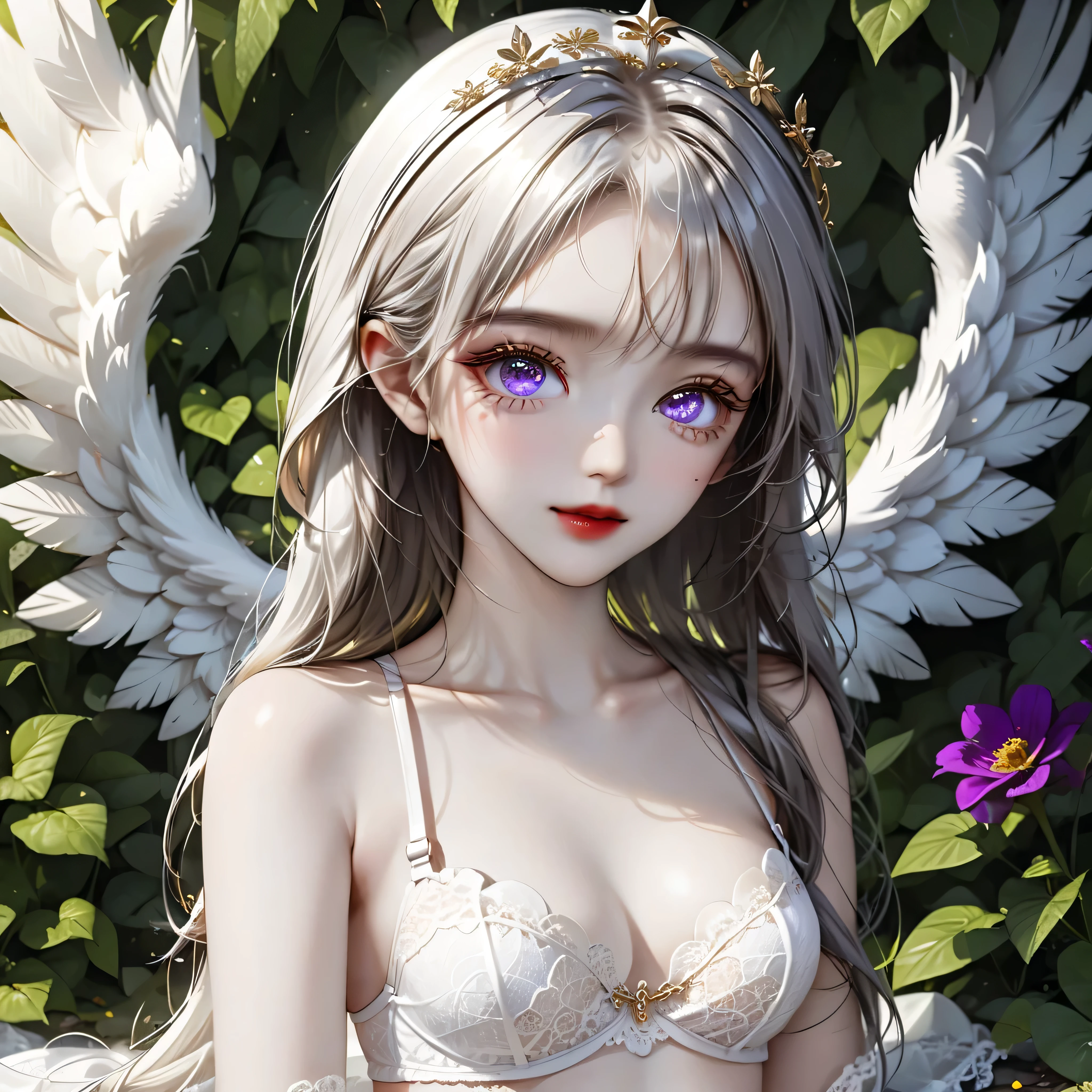 ((Top quality, 8K, best quality, masterpiece, ultra realistic)), ((Beautiful angel with odd eyes)), ((Heterochromia, golden eyes, silver eyes)), ((Sparkling and detailed eyes)), (Very precise eyes), (Long hair with a mixture of platinum and purple), Princess cut, ((Translucent and shining white skin)), Shiny skin, Very white skin, ((Very small breasts)), ((Beautiful woman wearing a lacy pure red quarter cup bra with a clearly visible intricate lace pattern)), ((Crimson wrap (wearing a skirt), ((a beautiful flower garden), ((lime green quarter cup bra)), ((sitting with her legs stretched out, with wings on either side of her back)), ((anatomically accurate depiction)), ((the exact number of fingers, detailed depiction down to the tips of the fingers)), gaze, ((angel wings)),blushing face, ((the surroundings are sparkling)), smile, very beautiful, fantasy world, very beautiful eyes