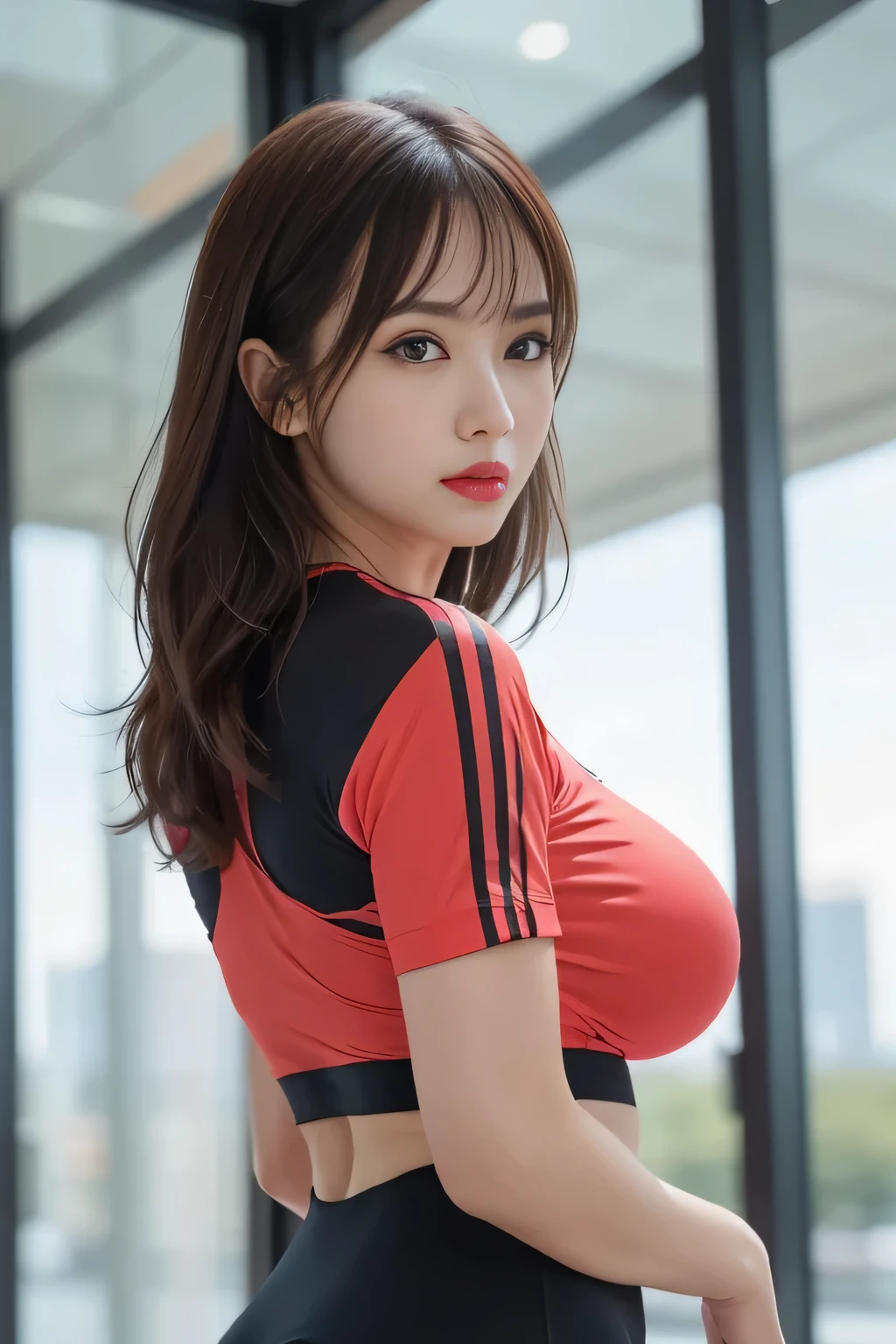 Highest-quality, Photographic-quality, UHD, HDR, RAW-photo, (Photo-realistic:1.3), Upper body, (From side:1.3), Breasts is in the frame, Looking at the viewer, Absolute masterpiece,
Elaborate Trainingsuit that is depicted in ultra detail, The breasts are completely covered by the trainingsuit, "without cleavage", Tight fitting short sleeves, Outdoors,
Big breasts, make-up, "without cheek color", wavy hair, Very beautiful Woman, red lips.