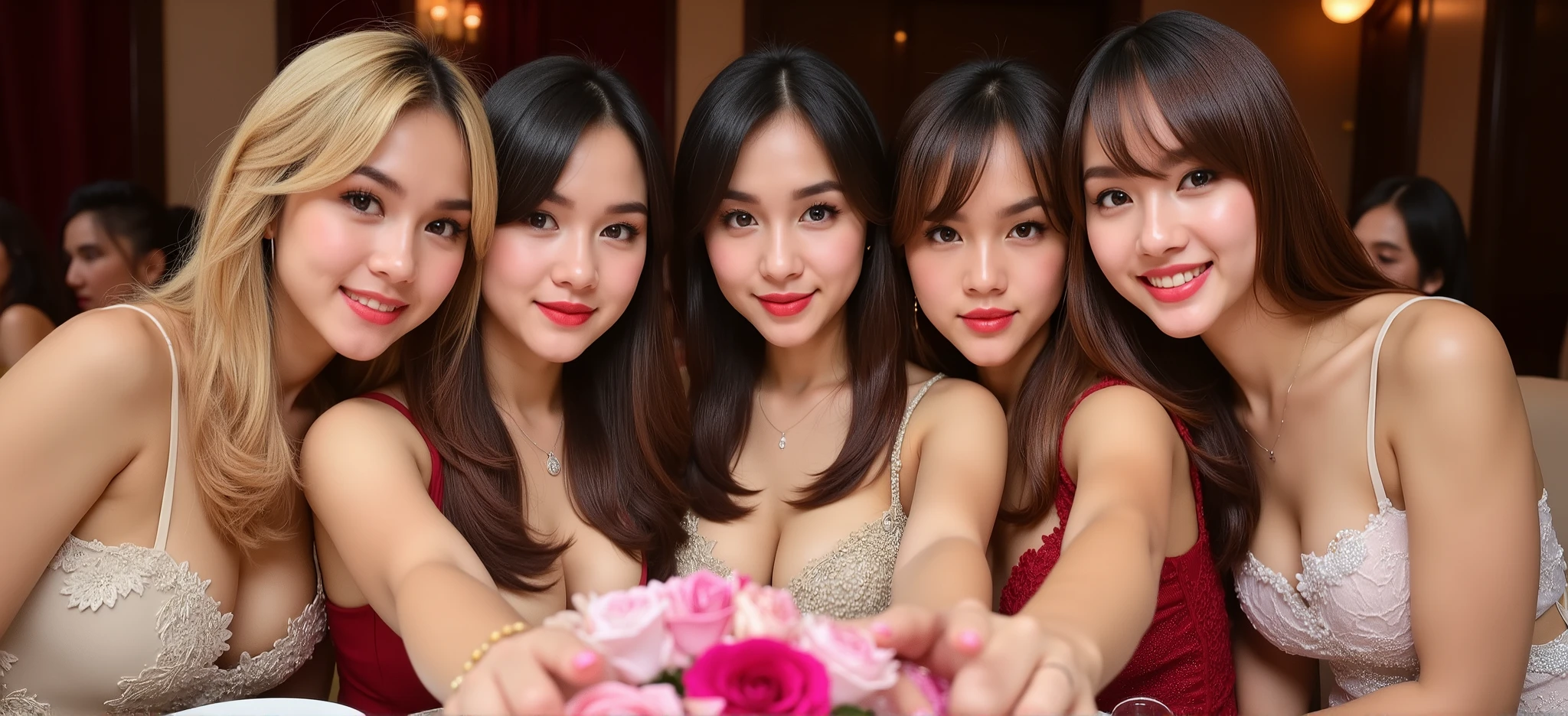 Close-up digital painting art of 5 beautiful woman face taking selfie and sitting together on the restaurant for dinner. All happy vibes and harmonic on this one table. Hyperrealistic , ultra HD , sharp and focus , EXTREME detail , AUTO CORRECT DETAIL FINGERS, raw-syle .