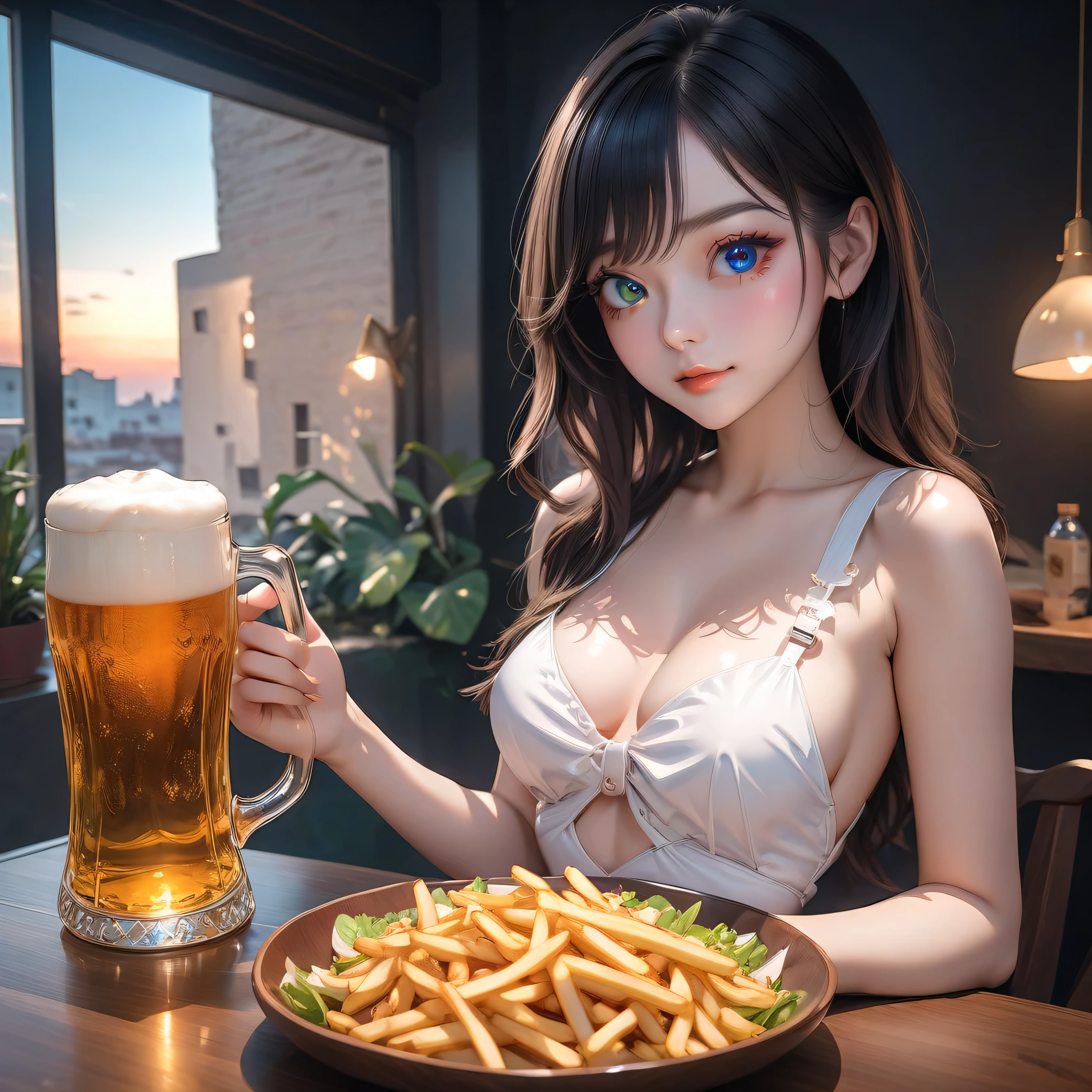 ((Top quality, highest resolution, masterpiece, ultra-realistic)), ((Red eyeshadow, red eyeliner)), ((Odd-eyed high school girl)), ((Heterochromia, blue eyes, green eyes)), ((Sparkling, detailed eyes)), ((Highly detailed eye depiction)), ((Crystal-like eyes)), ((Long, smooth, shiny, wavy black hair)), Princess cut, ((Translucent white skin)), Glossy skin, ((Normal breasts)), ((Anatomically accurate depiction)), ((Detailed depiction of number of fingers and fingertips)), ((Beautiful bare skin Wearing a crimson silk apron embroidered with beautiful flowers), ((No bra)), ((Nude apron)), ((Sitting on a living room sofa drinking a beer)), ((Beer mug in hand)), ((Salad bowl and french fries on the table)), ((Red eyeshadow, red eyeliner)), ((Dynamic angle, focus on face, viewer)), ((Moonlight streaming in through a window)), ((Cinematic lighting)), ((Beautiful sunset)), Very beautiful, hiorilight art, backlit, masterpiece, top quality, highly detailed girl, gazing at the viewer