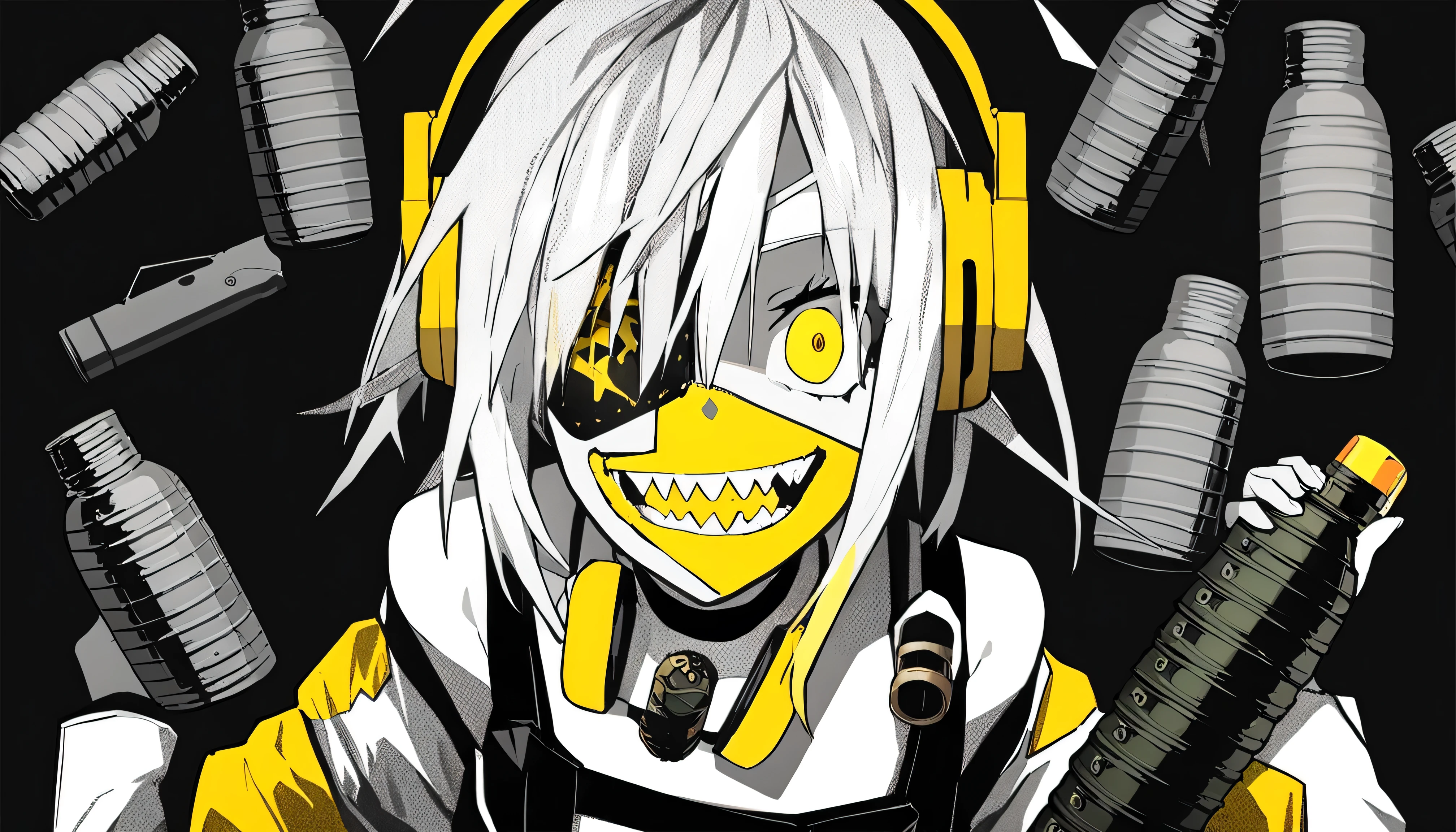((Background、gun、golden bullet、Grenade))、masterpiece, Highest Quality, ((1 girl:The arrangement is centered)),((Background、gun、golden bullet、Grenade))、Spikes, ((solo)), headphones , Crazy smile, , spiked Color, Illness、monochrome, 色つきのheadphones around neck,yandere, Black background, Color, watching viewers, bare shoulder, glowing yellow eyes, Eye patch、and my face is scratched、(hairstyle:long、unkempt)、hat、combat uniform costume
