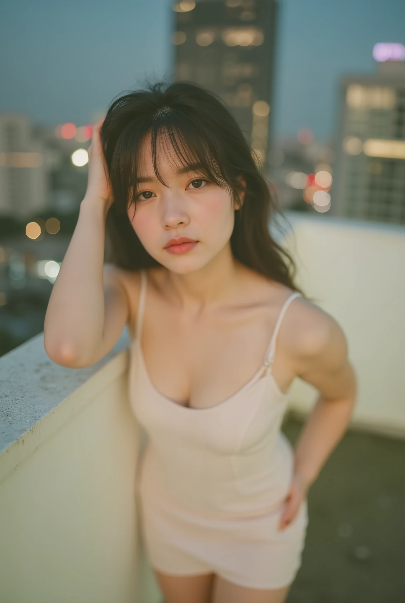 Japanese woman (26) :: Dress the model in a fitted, short, sleek dress with a deep neckline. Pose her standing at the edge of a rooftop, one leg slightly crossed in front of the other, torso angled toward camera. Have one hand resting on her hip and the other lightly along her thigh, chin tilted with a confident, alluring gaze. Use the city lights below and a soft spotlight to create a romantic, seductive atmosphere with a hint of urban sophistication; add a gentle breeze to move her hair and hem.