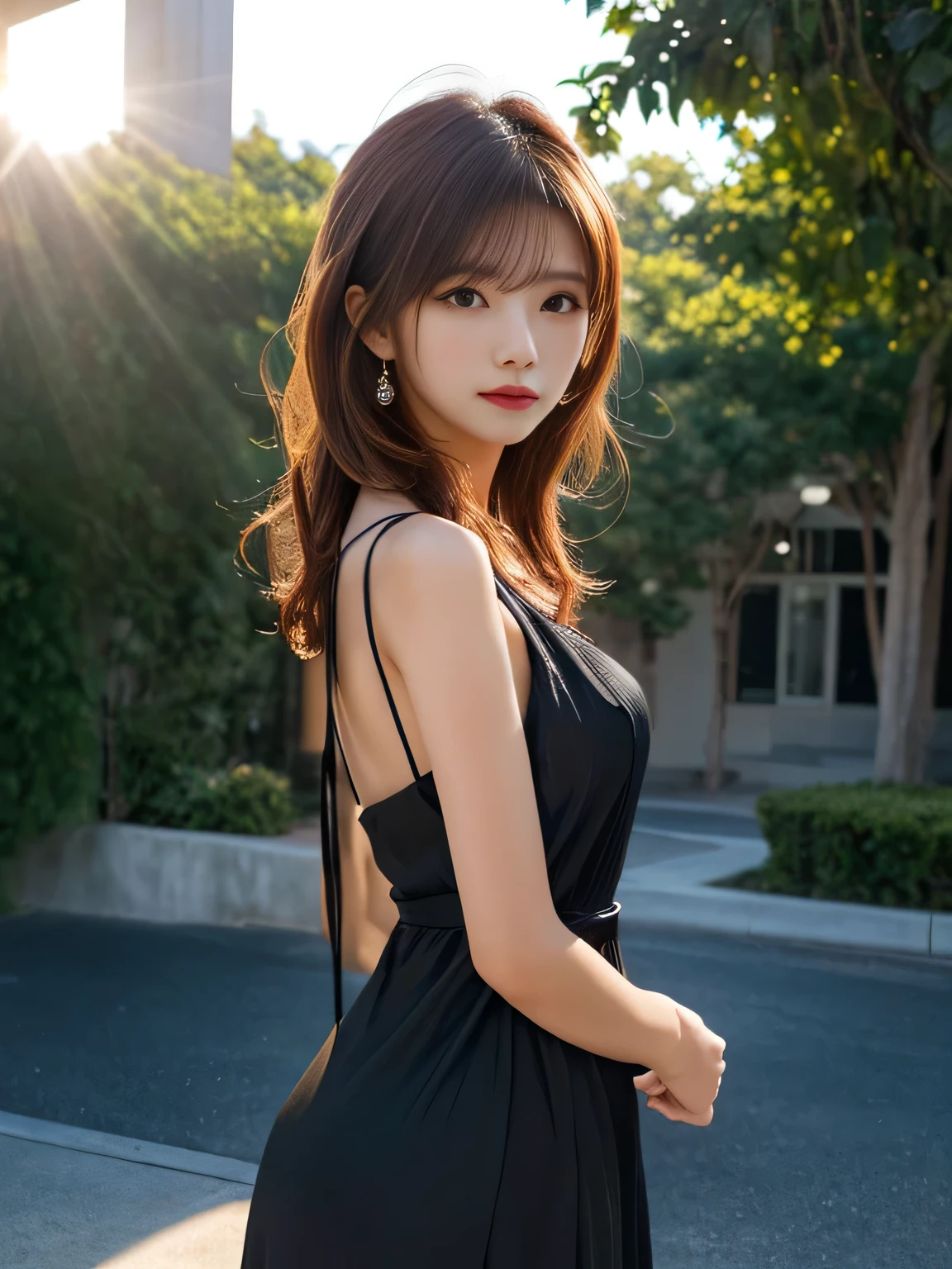 (RAW Photos:1.2), (Realistic), Beautiful detailed girl, Very detailed eyes and face, Beautiful fine details, Large file size, High resolution, Very detailed, highest quality, [Tabletop:1.6], figure, Very detailed, The finer details, highest quality, 8k wallpaper, Cinema Lighting, Japan idols when they were 15 years old, Mountain parking lot, Female student,  The body is slim, Immature body, Young Face, Off-the-shoulder brown tight shirt, Nothing underneath, White  are visible, Autumn view of Japan, Nice views, Autumnal leaves々々, Sunny sky in autumn, Fresh air、Gaze looking up at the sky、look back、Spread your arms wide、