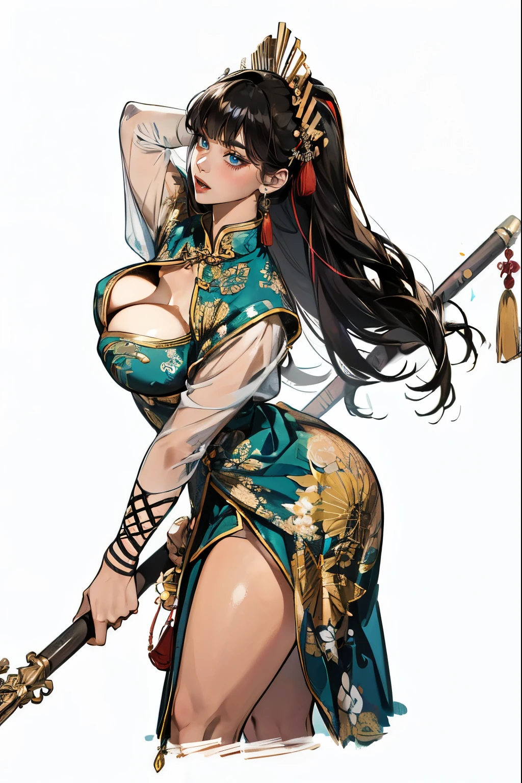 (absurdres, highres, super high resolution), Close-up of a person wearing a, (solo), (1girl:1.5), ((white background))), ((( visible chest bone ))), (((Big breasts))), side slit skirt, Three Kingdoms of China costume, revealing costume, hair ornaments, ((mesh)), lips, (((Open your mouth))), blush, Keep the color of the costume