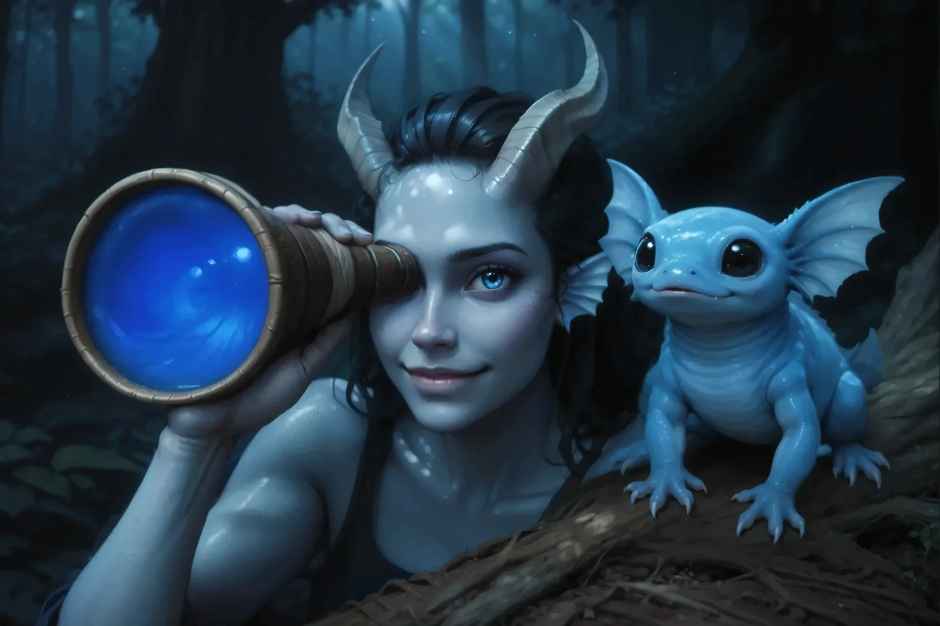extreme view from above, looks into a wide, thick, very short spyglass with a wide lens, Kedra, dark blue-gray skin , ( fins on the head), looks through a large spyglass with a slight mysterious smile, loose black hair develops, bright blue eyes , hand bandages, ( Best hands ). ( 5 fingers), Dark frame. Severely blurred background. (the blue-grey horns on his head:),
masterpiece, best quality, ultra-detailed, The cinematic emotional static frame, 8K UHD, extremely detailed, physical visualization, HDR.
On the right sits Character_Fuli, joyful half-open mouth, heavily blurred forest background, sits
cute big blue with big black eyes.
The warm dawn light falls in the rays giving long soft shadows. Dark gloomy shot, darkrain. A dark forest against a very blurred background.