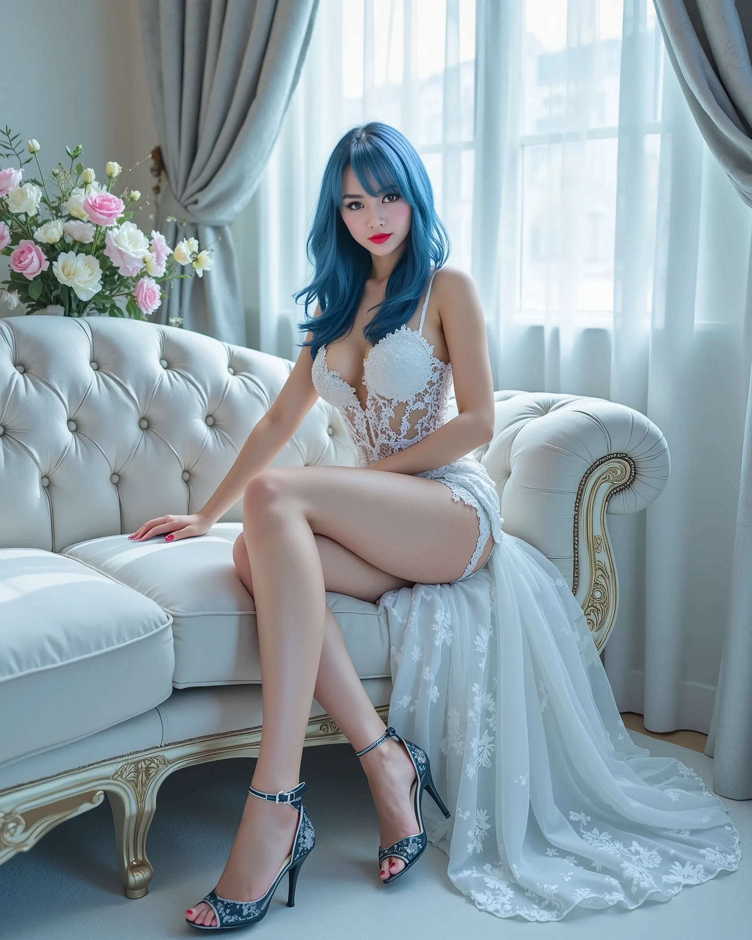 , a blue-haired white girl wearing a white wedding dress,full chest,, shiny black lace stockings,sitting on the sofa by the window。In the picture, you can see elements such as cleavage、bow、bow、Ribbon、High Heels、thigh straps and flowers。