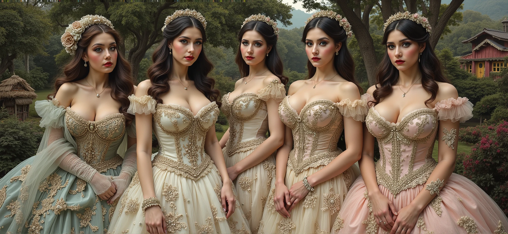 5 Madame of the French court,Rococo fluffy skirt,(Extremely Delicately Beautiful:1.2),8K,(tmasterpiece:1.0),(Best_quality:1.0),5girl,Mature woman,Complicated details,enlarged textures,Complicated details,Fine eyes and detailed face,Complicated details,(Keep one's mouth shut),perfect eyes,Equal eyes,Perfect body,extremely detailed nipple,Extremely realistic 3D,Raised sexy,brunette color hair,((Very detailed eyes))heal,Delicate eyeliner。long eyelasher,greene eyes,Black pupils,There is starlight in the eyes,Delicate lip detailing,Oil painting quality,Thick painting style,Fantasy Forest,Candy Cottage