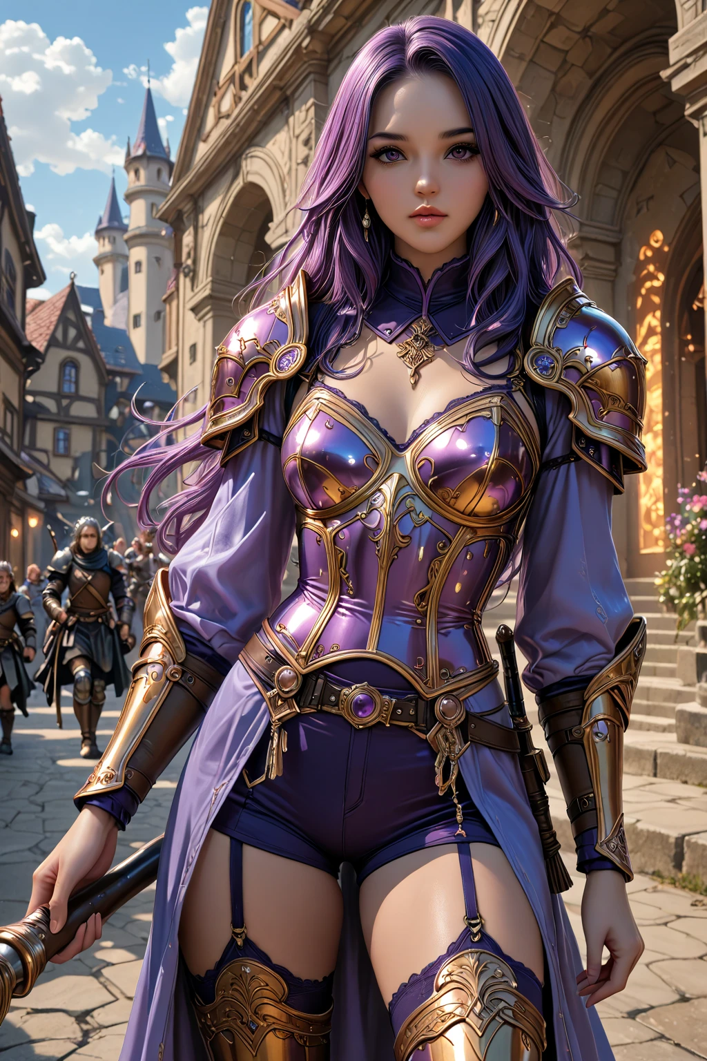 (Masterpiece, Superb Detail, Super Detailed, High Resolution), Male Focus, (((Female Armor))), (((Armor Purple Dress Set))), (She Has Long Purple Hair, , Slim, perfect body, beautiful face), look at viewer, (((purple ))), (((smoke))), City Ruins, Background Details, Solo