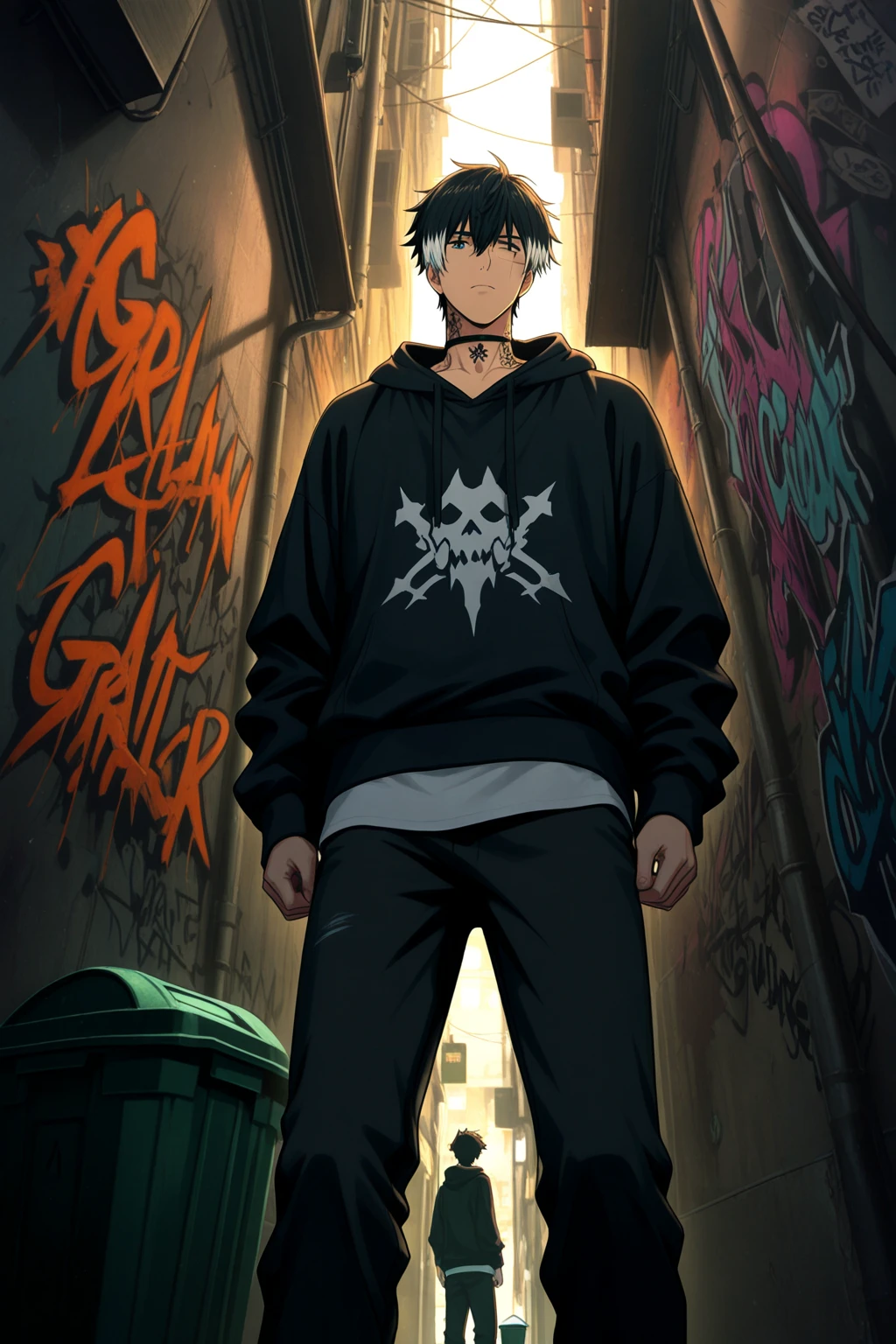 ((1boy, solo)), skinny, black t-shirt, ((skinny jeans, belt, choker)), red sneakers, black hair, short hair, hair over one eye,(( looking down, crying, shocked expression, sweating,seen from below, dynamic angle)) ,((wetting self,  stains, puddle, peeing self)), standing,, eyebags, emo, blue eyes, full body, school background, black wristbands,