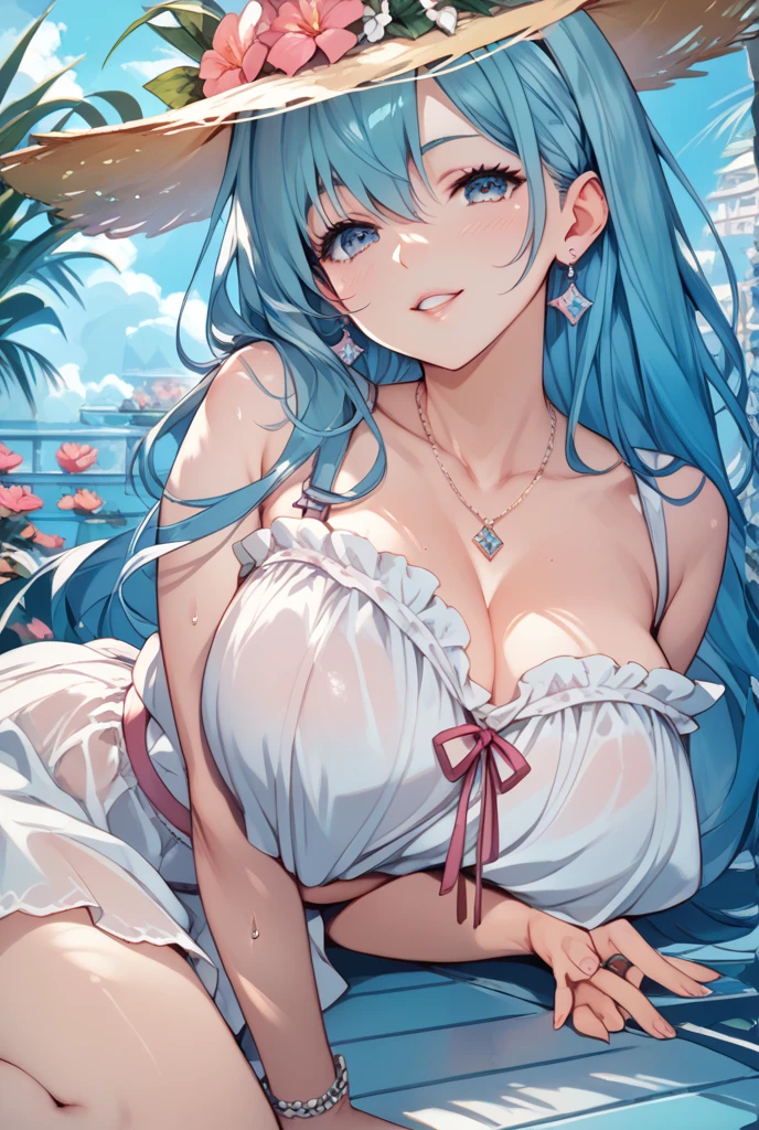 highest quality、highest quality、masterpiece、Beauty、Navy blue long hair、blue eyes、Sexy White Bikini(Dark stripes)、Big cleavage、(Big Breasts)、smile、blue necklace、Blue Earrings、background(Beach)、Please open your mouth wide、White headband、bracelet、Dynamic pose