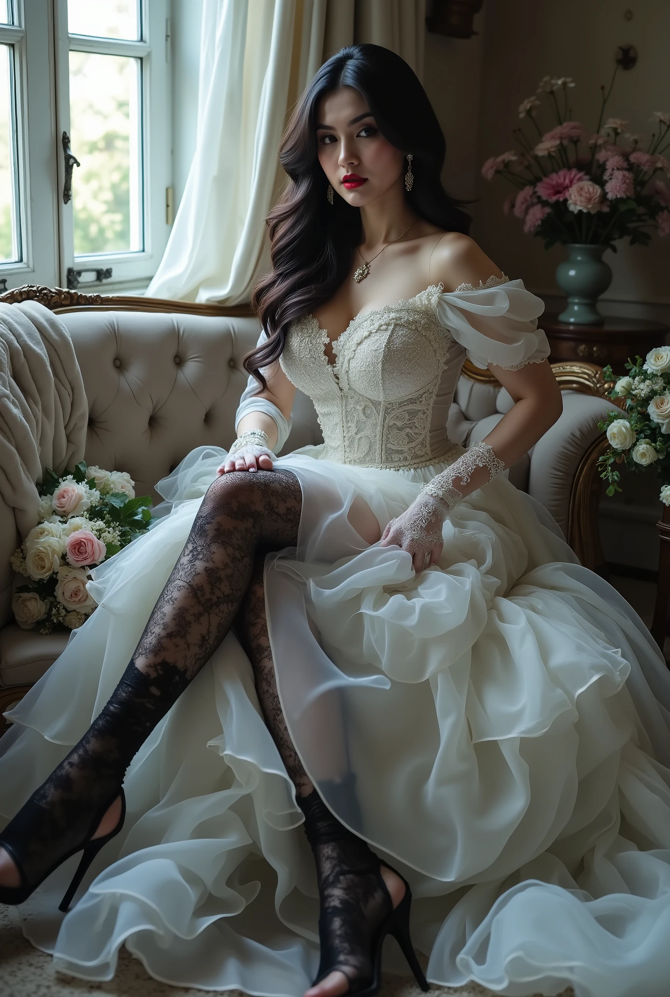 Lower angled photo shot , a dark-haired white girl wearing a white wedding dress,full chest,, shiny black lace stockings,sitting on the sofa by the window。In the picture, you can see elements such as cleavage、bow、bow、Ribbon、High Heels、thigh straps and flowers。