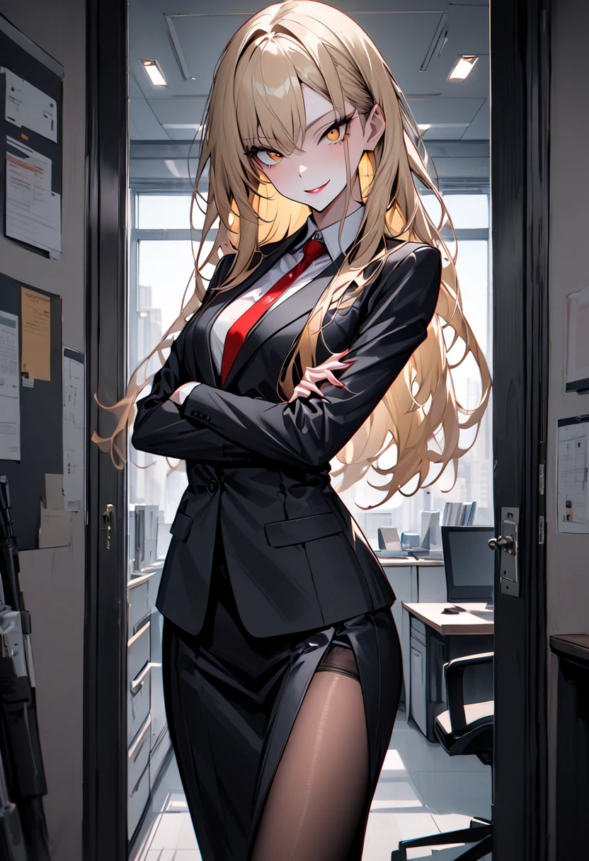 Masterpiece, 1girl, solo, ak-74m, standing, indoor, white shirt, indoor, , pencil skirt, inside office, mature women, high resolution, jacket suit