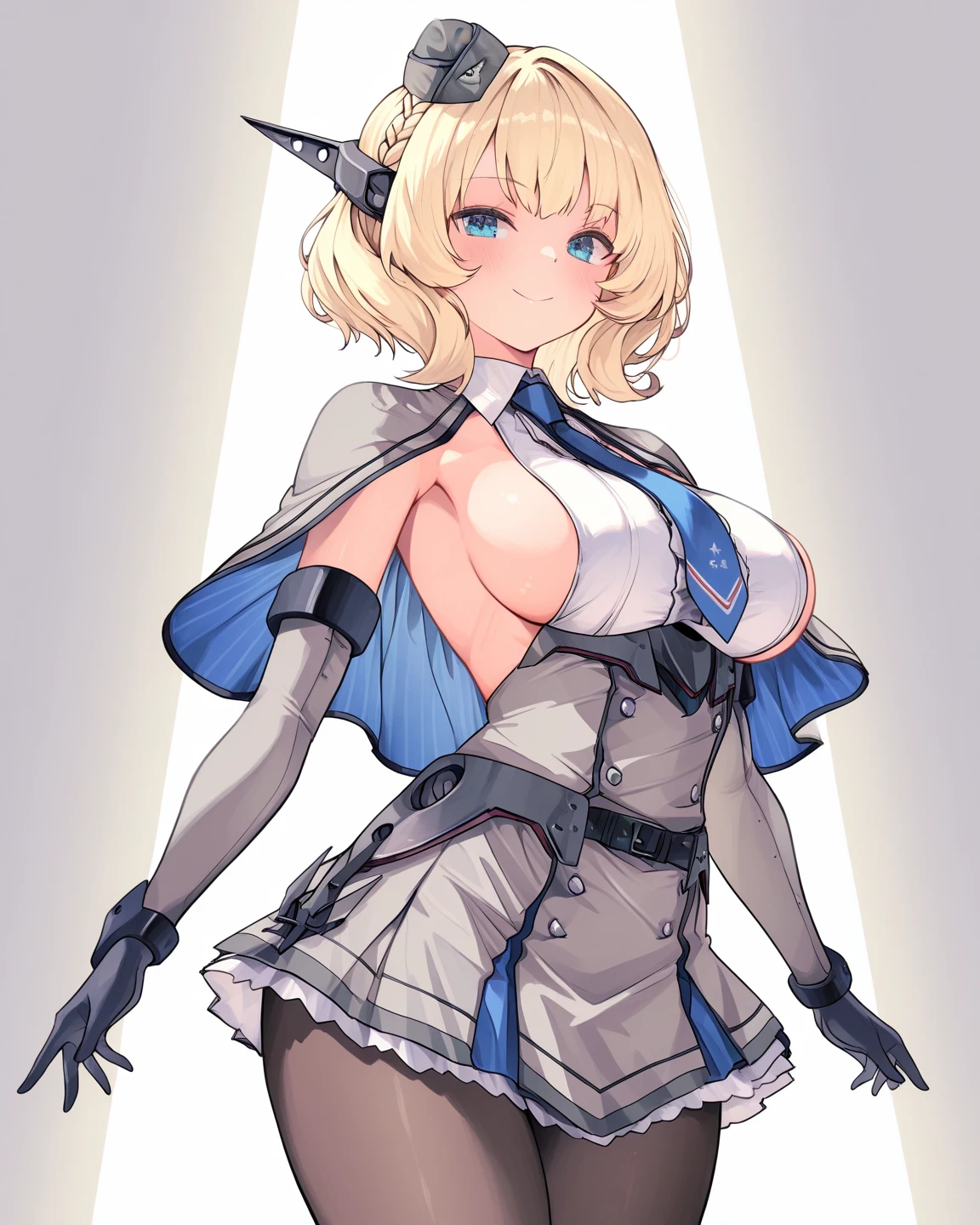 best quality, masterpiece, highres, solo, {colorado_kantaicollection:1.15}, blonde_hair, short_hair, braid, blue_eyes, side_braids, breasts, large_breasts, hat, headgear, garrison_cap, grey_headwear, necktie, blue_necktie, sleeveless, open_mouth, blush, capelet, 1girl, black_gloves, dress, elbow_gloves, gloves, grey_dress, looking_at_viewer, pleated_dress, shirt, sideboob, white_shirt