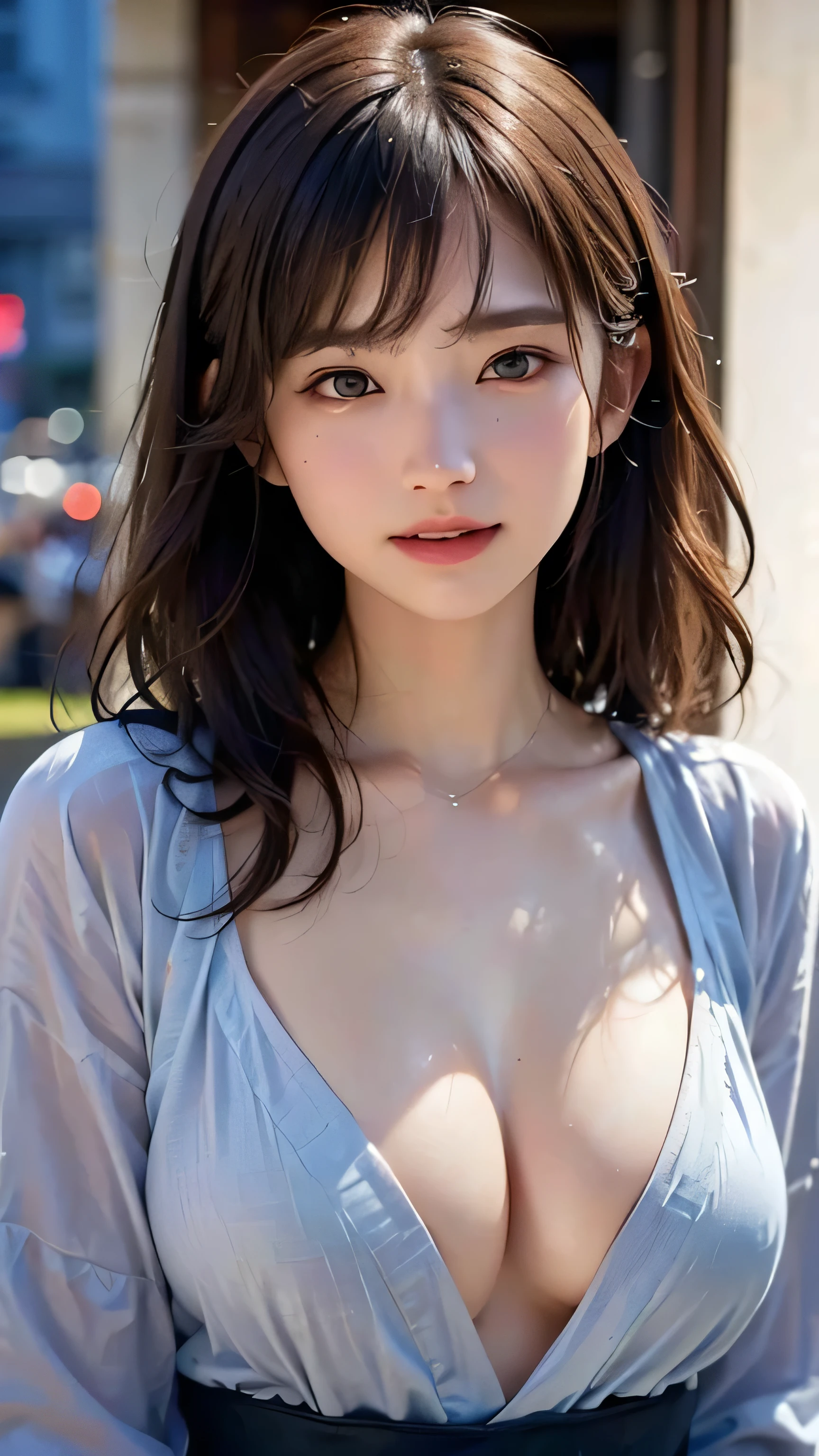 masterpiece, highest quality, 8k, 20th Generation, Large Breasts, cute, alone, sad, cute, Girlish, Delicate girl, Pure beauty,  RAW Photos, Professional photography, Portraiture, Soft Light, Professional Lighting, Backlight, Upper Body, avert your eyes, Sophisticated, Film Grain, (Eyes and  details:1.0), Short floating hair, Beautiful, flowing hair, bangs, T-shirt and greyish lavender cardigan、(Large Breasts:1.0)、Saggy breasts、A little bit of cleavage is visible