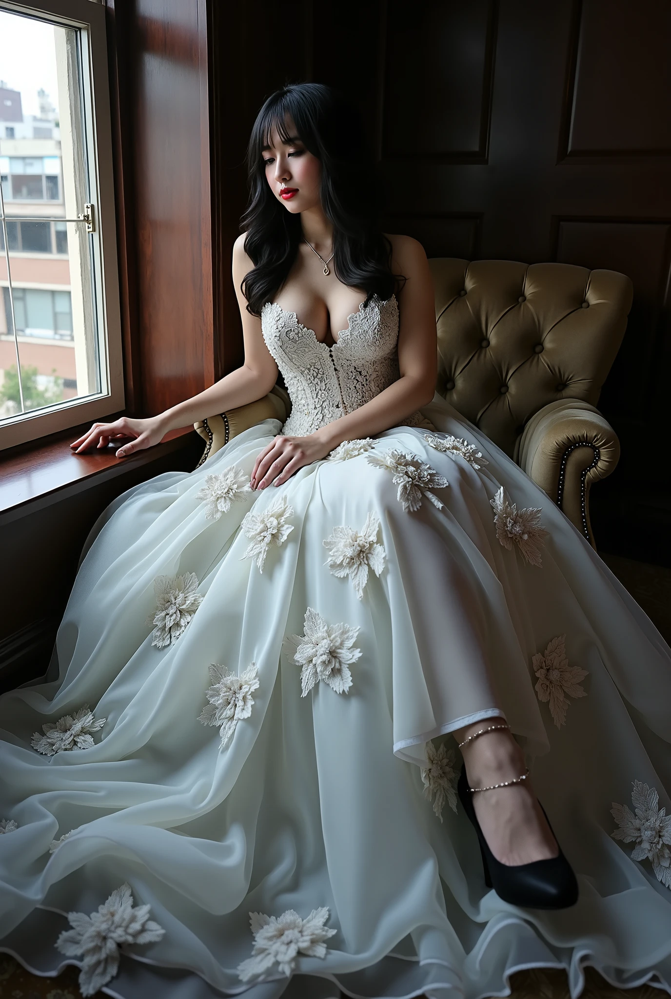From bottom angled photoshot of a dark-haired white girl wearing a white wedding dress with ornate on her head，full chest，perfect hands , auto correct detail fingers , shiny black lace stockings，sitting on the sofa by the window。In the picture, you can see elements such as cleavage、bow、bow、Ribbon、High Heels、thigh straps and flowers。