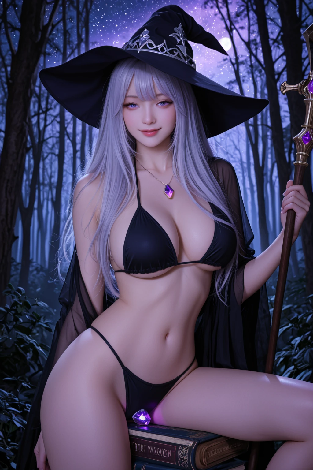 1 girl, solo female, (perfect) ((witch goddess)), intricate makeup, beautiful hair, perfect body, toned stomach, unreal engine:1.4, UHD, Best quality:1.4, photorealistic:1.4, skin texture:1.4, masterpiece:1.8, (Long white hair:1.4), ({perfect eyes)), (detailed eyes), vibrant lips, pale skin, (purple, black), (dress), ((halloween themed witch bedroom)), sensual, radiant,