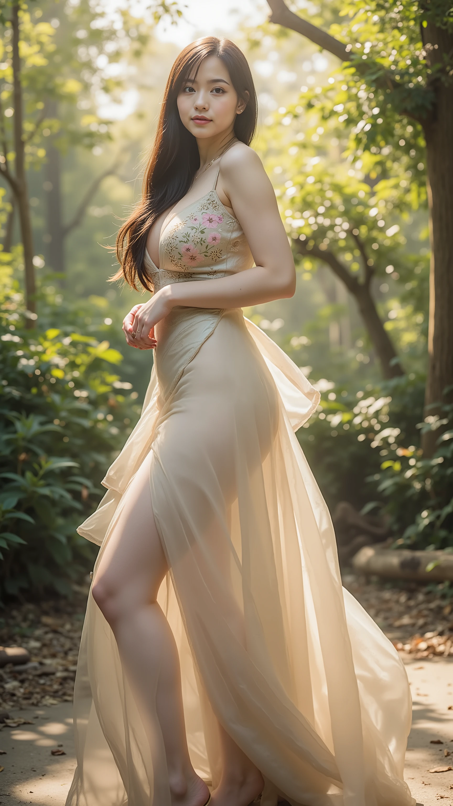 (masterpiece, best quality, ultra highres, 8K RAW, hyper photorealistic, cinematic lighting, multiple exposure fine-art photography, ethereal natural light, delicate sunlight filtering through leaves, luminous mist, floating petals, HDR tone mapping, soft bokeh, ultra-detailed fabric textures, poetic elegance, luxury couture aesthetic, surreal composition, painterly atmosphere),
a stunning Japanese woman wearing an haute couture Dior dress inspired by nature, crafted with translucent silk layers and floral embroidery, standing gracefully in a softly illuminated forest, surrounded by overlapping exposures of gentle sunlight, drifting petals, and golden reflections in the morning air, creating a dreamlike harmony between human grace and organic beauty, evoking serenity, rebirth, and timeless elegance.