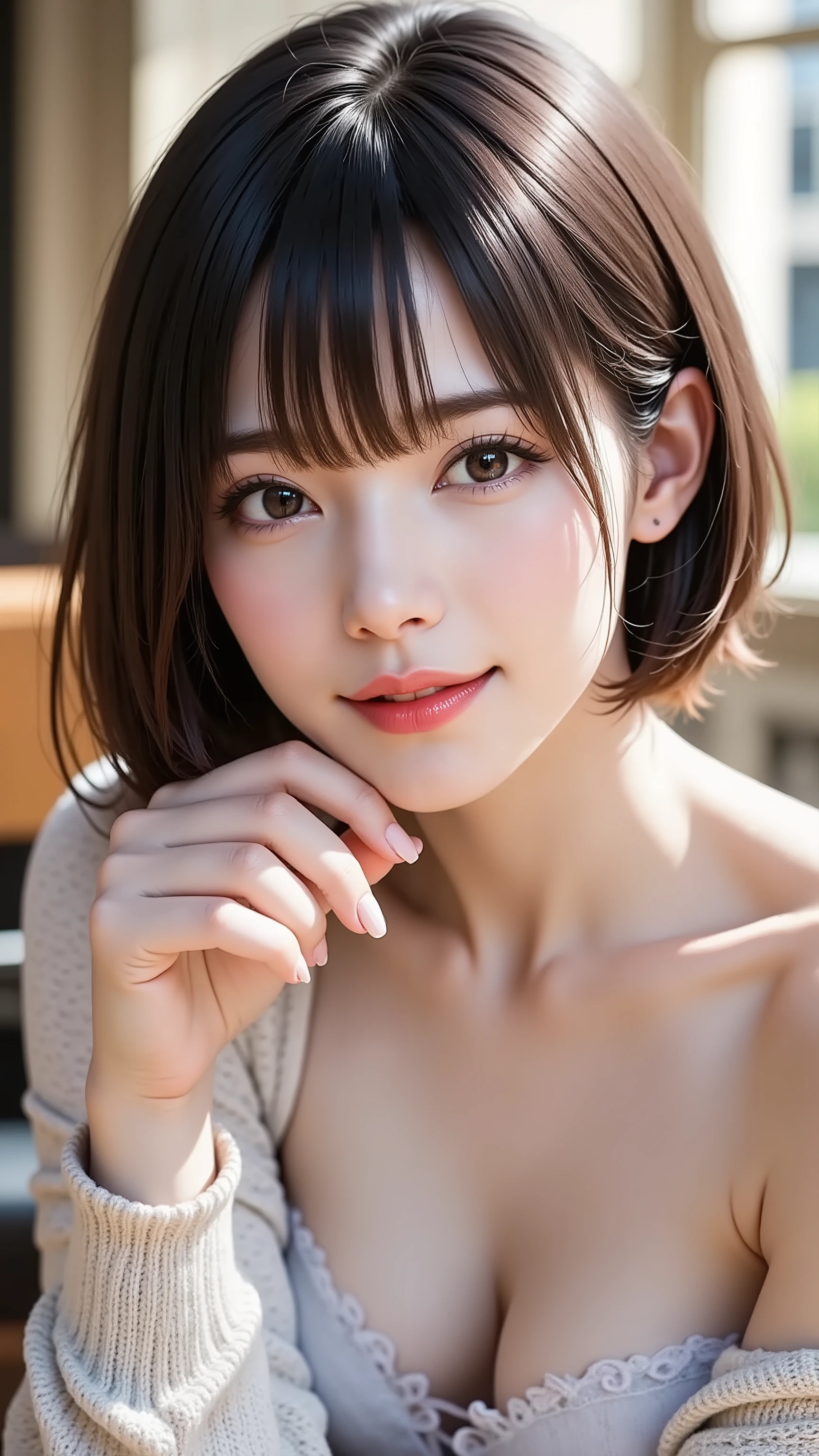 A realistic, eye-level medium shot of an attractive Japanese woman in her 30s with sophisticated short black hair. She has natural makeup and is looking directly at the viewer with a calm, mature expression. She is sitting in a stylish, softly lit cafe. She makes an elegant gesture, gently resting her beautifully manicured hand near her chin, with all five fingers visible. She wears a simple knit sweater.