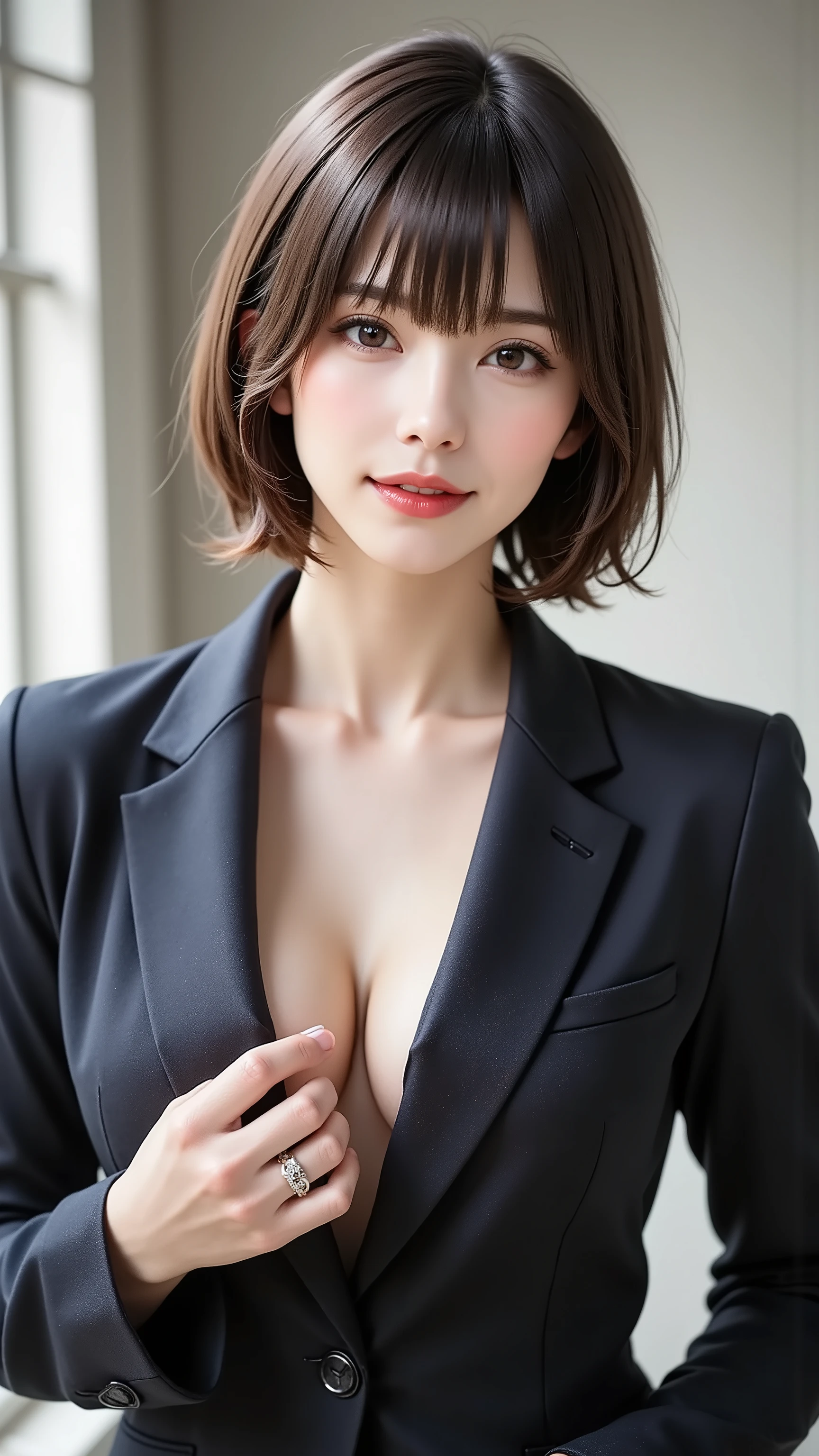 A realistic, waist-up portrait of a sophisticated woman in her 30s. She has short black hair, natural makeup, and a mature, confident look, gazing at the camera. She is in a modern, minimalist office interior. She holds one hand up in an elegant pose, perhaps adjusting her blazer cuff, showing her five fingers with subtle, neat manicure.