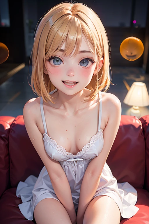 (table top: 1.3), (maximum resolution: 1.2), (Ultra HDTV: 1.2), cinematic light, Ultra HDTV, (fine eyes and skin), (detailed facial features), nffsw, 8K resolution, sharp focus: 1.2, perfect style, beautiful face, perfect body, Accurate, anatomically correct, Highly detailed face and skin texture, fine eyes, dark blue eyes, double eyelid, thin eyebrows, glitter eyeliner: 1.2, natural cheeks, Glossy skin, Fair skin: 1.2, small shiny necklace and earrings, (glossy lips: 1.4), break, one person'point of view, (She is a very cute female teacher.), Shiny bra and panties、(enchanting smile: 1.2), ((innocent and cute girl:1.3)), (blonde hair)、wavy hair、short cut hair、 (cowboy shot: 1.2), break, ((very close relationship: 1.2)), middle～???????????, ((looking at the viewer:1.2)), ((hot spring trip:1.2)), ((Bend your knees and spread your ?????????:1.2)), (From the side:1.2),low angle shot,