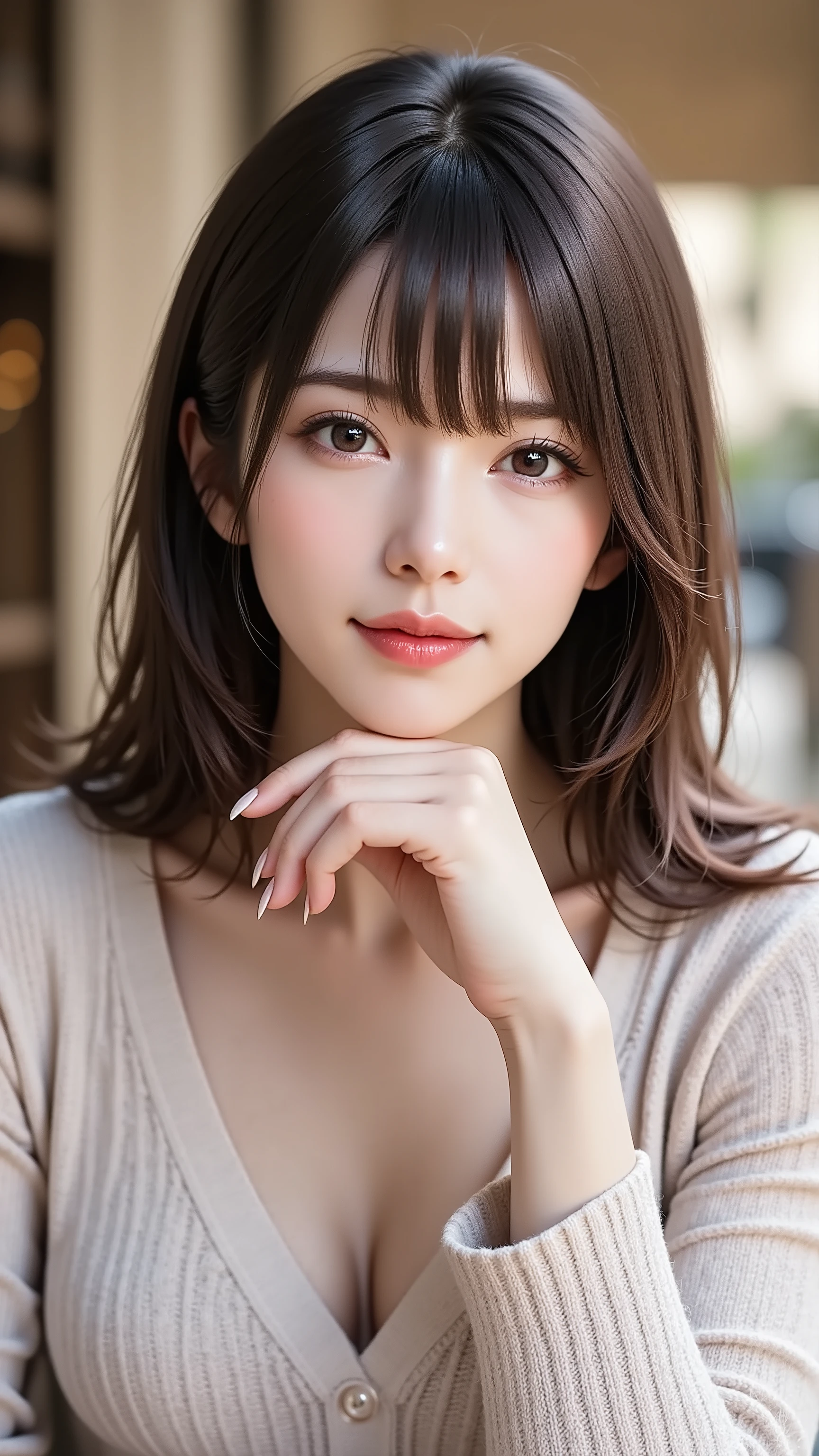 A realistic, eye-level medium shot of an attractive Japanese woman in her 30s with sophisticated long black hair. She has clear makeup and is looking directly at the viewer with a calm, mature expression. She is sitting in a stylish, softly lit cafe. She makes an elegant gesture, gently resting her beautifully manicured hand near her chin, with all five fingers visible. She wears a simple knit sweater.