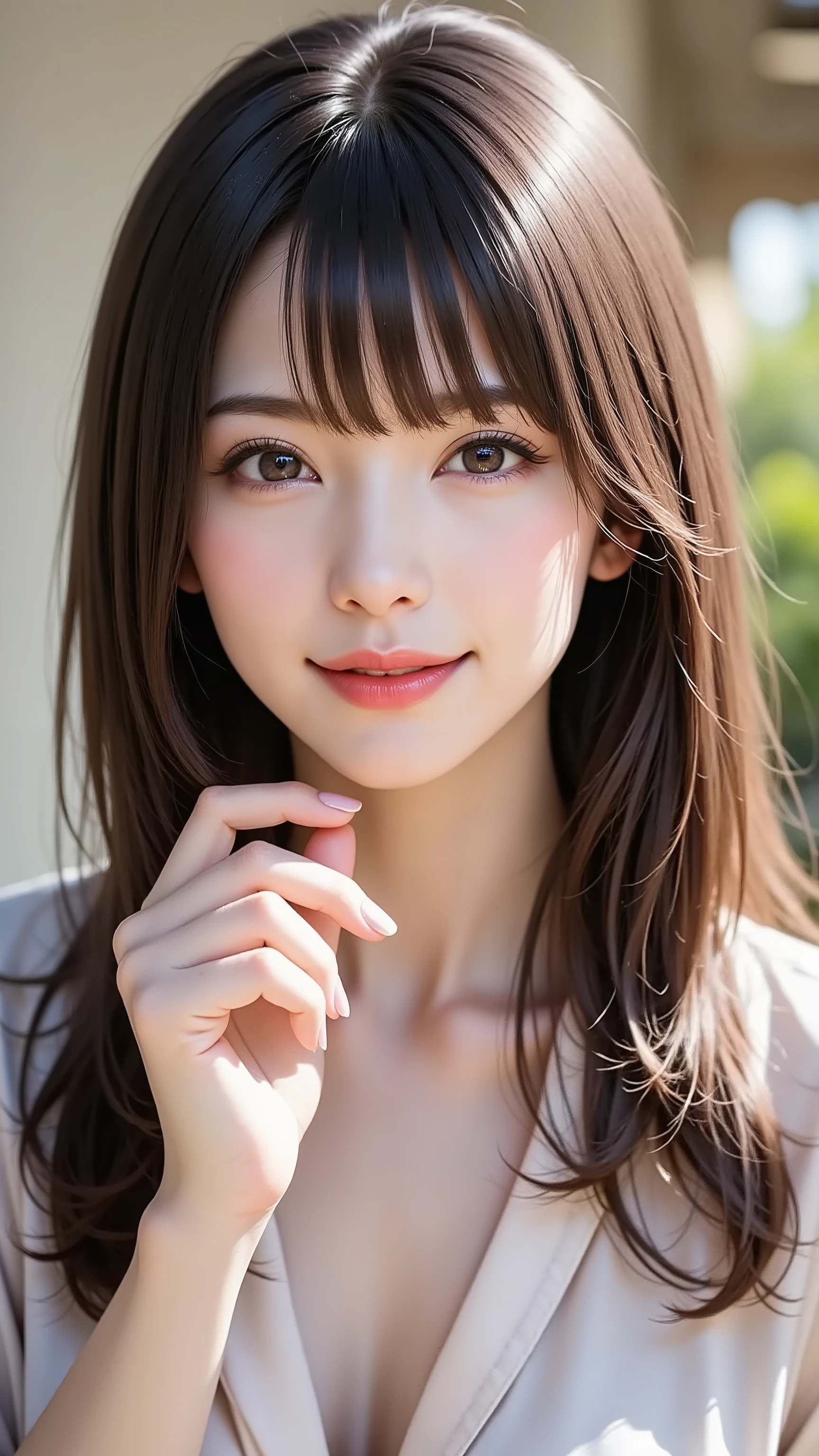 A realistic, eye-level, waist-up portrait of a beautiful woman in her 30s with long black hair and clear makeup. She looks directly at the camera with a gentle, sophisticated smile. She delicately raises one hand, fingers gracefully spread to showcase her beautiful manicure, ensuring all five fingers are visible. She wears a silk blouse. The background is simple and blurred (bokeh).