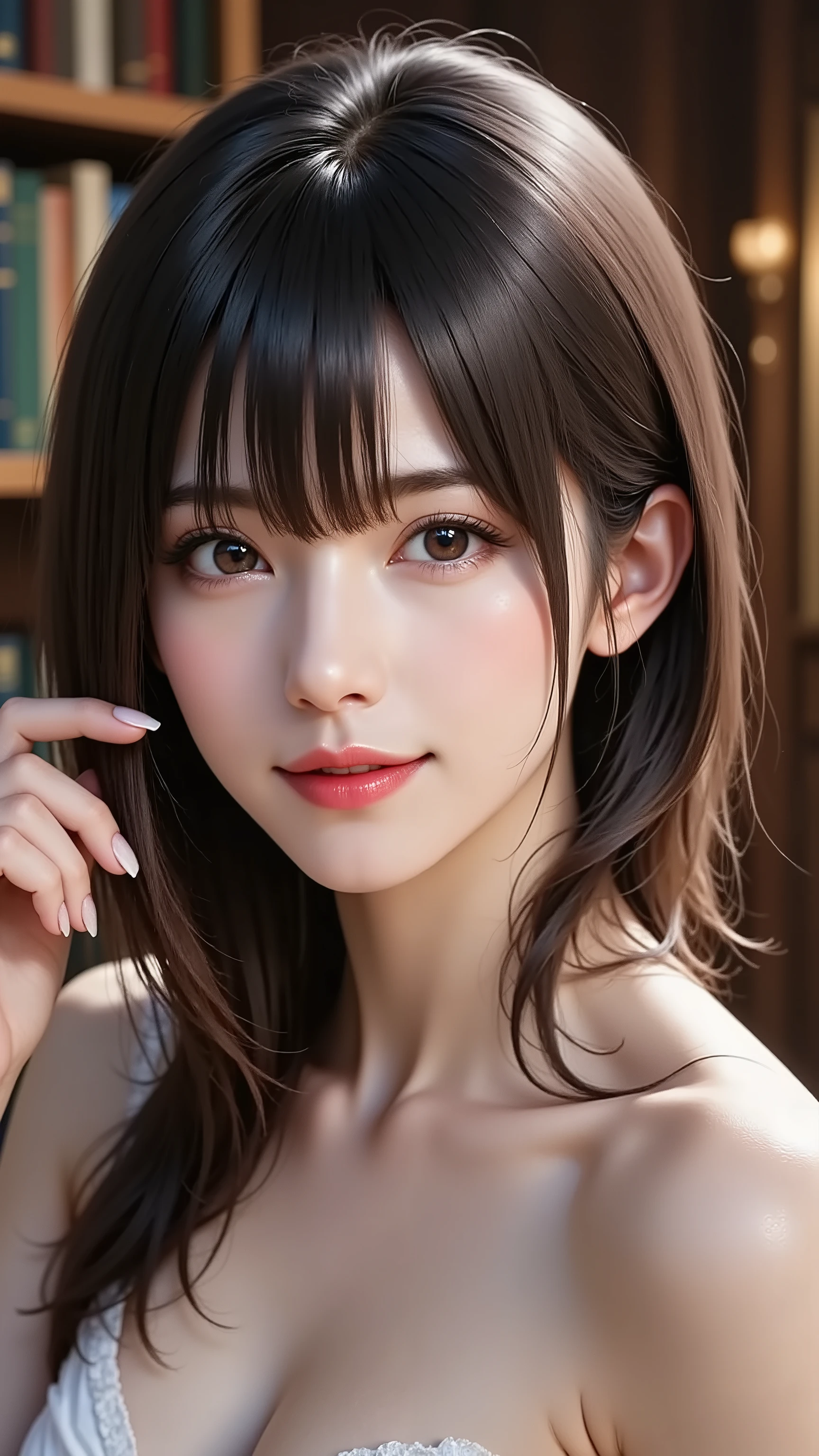 Photorealistic, eye-level medium shot. An attractive 30s woman with long black hair and clear makeup, looking at the viewer with a captivating, mature gaze. The background is a dim, atmospheric room like a lounge or library. She holds one hand up near her shoulder, fingers slightly parted in an elegant gesture, showing her perfect manicure on all five fingers. Soft, dramatic lighting.