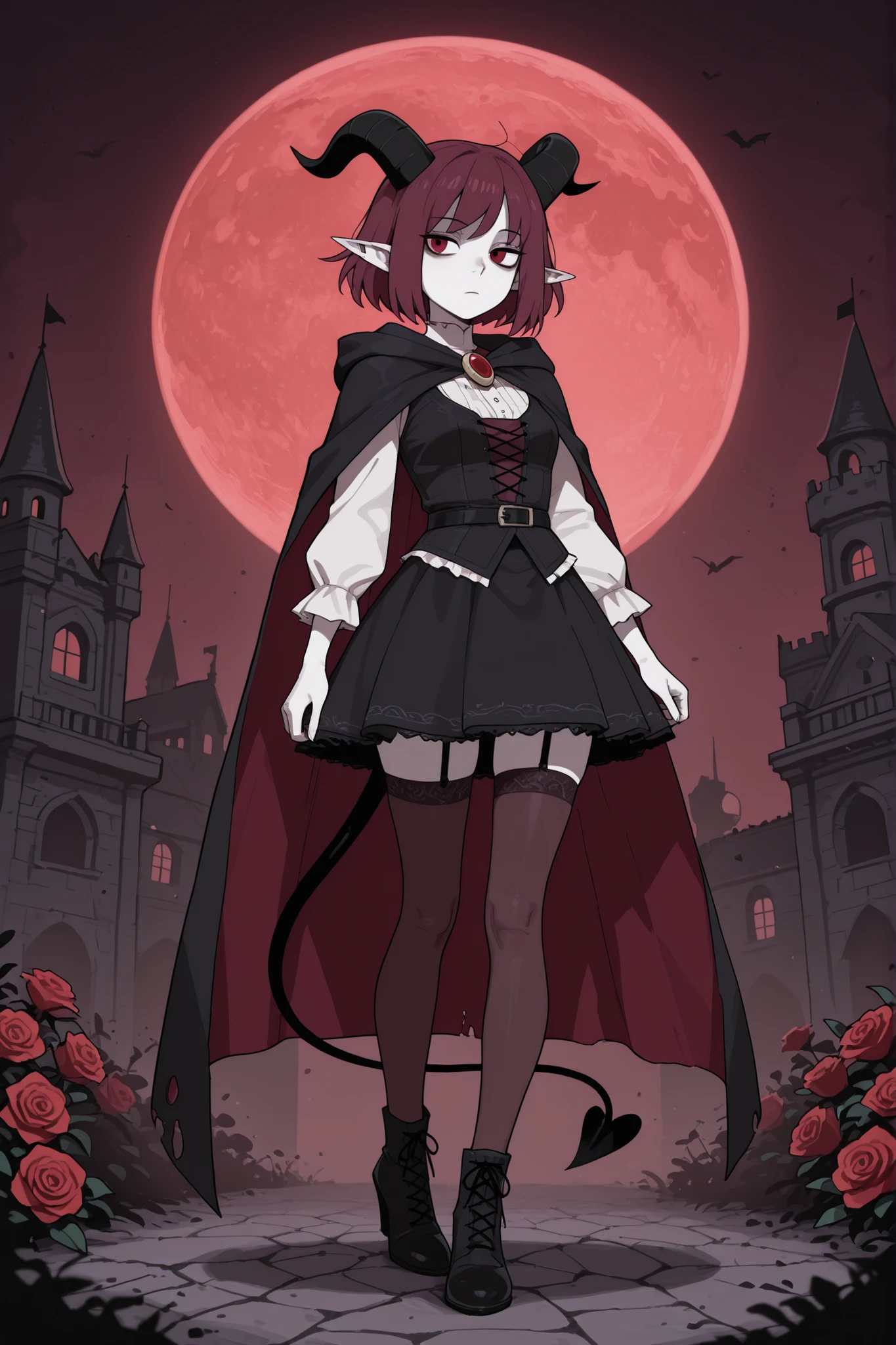 hentamonn,DSP, artist:DSP, mogeko,,masterpiece , best quality , amazing quality , very aesthetic, white skin, pale skin, tall girl, adult, rounded elf ear, red eye, drooping eyes, cold look, white pupil, feline pupil, short hair, slightly messy hair, maroon hair, straight hair, bangs, sharp canines, demon tail, black horns, expressionless face, white ruffled blouse, vest, black skirt, stockings, heels, cape, eyelet and lace-up closure detail, full body shot, background, dark castle, roses, red moon