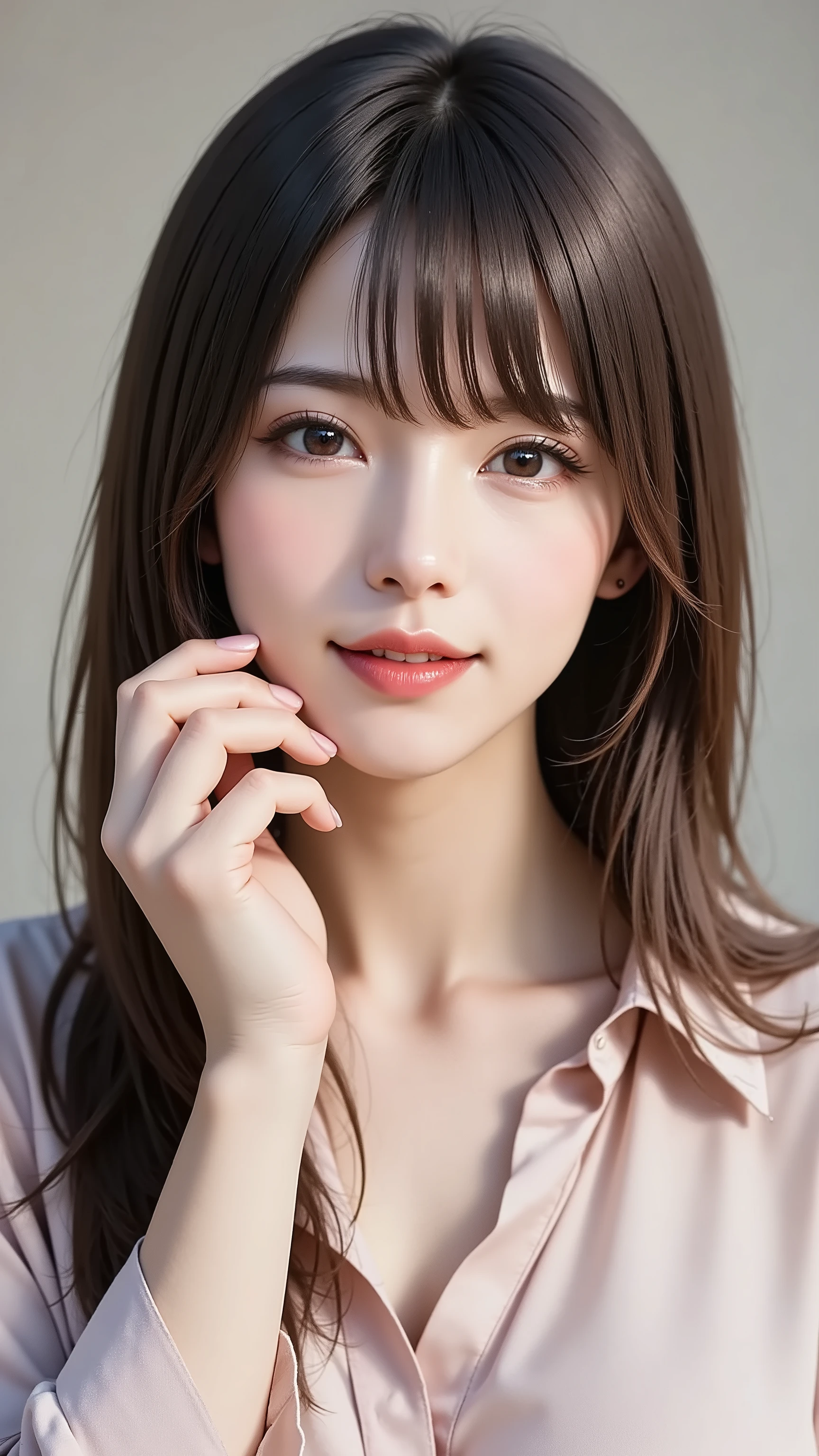 A realistic, eye-level, waist-up portrait of a beautiful woman in her 30s with straight black hair and clear makeup. She looks directly at the camera with a gentle, sophisticated smile. She delicately raises one hand, fingers gracefully spread to showcase her beautiful manicure, ensuring all five fingers are visible. She wears a silk blouse. The background is simple and blurred (bokeh).
