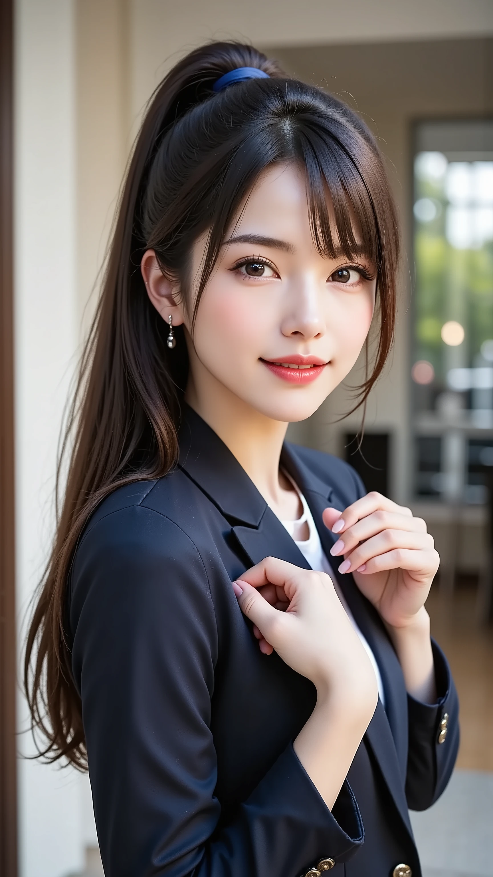 A realistic, waist-up portrait of a sophisticated woman in her 30s. She has high ponytail black hair, clear makeup, and a mature, confident look, gazing at the camera. She is in a modern, minimalist office interior. She holds one hand up in an elegant pose, perhaps adjusting her blazer cuff, showing her five fingers with subtle, neat manicure.