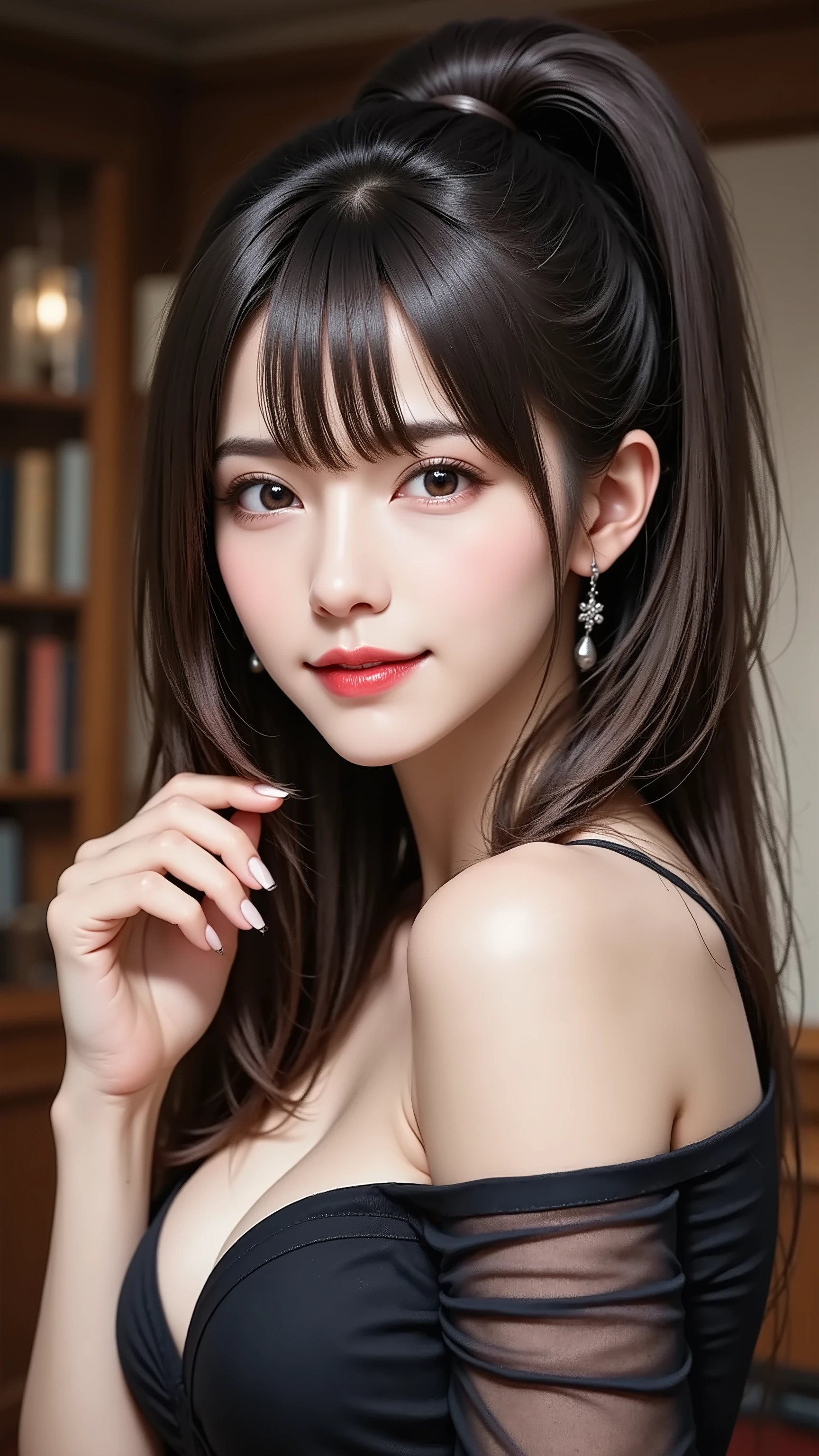 Photorealistic, eye-level medium shot. An attractive 30s woman with high ponytail black hair and clear makeup, looking at the viewer with a captivating, mature gaze. The background is a dim, atmospheric room like a lounge or library. She holds one hand up near her shoulder, fingers slightly parted in an elegant gesture, showing her perfect manicure on all five fingers. Soft, dramatic lighting.