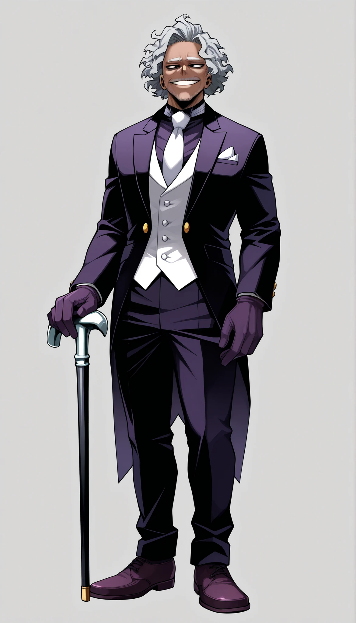 ((Highest Quality)), ((Simple Light Grey Background)), (My Hero Academia style), Standing, (1male), (Male), mature male, mature man, old man, solo, slender body, standing, holding black gentleman cane, Full Body, short hair, wavy hair, curly hair, white tuxedo shirt, white tie, (dark purple very long tuxedo closed jacket), black tuxedo pants, dark Pink loafers, purple tuxedo gloves, Half-closed eyes, black eyes, (dark skin), (dark-skinned), (dark-skinned Male), (one single gentleman cane), ((villain)), evil smug, evil look, evil smile,