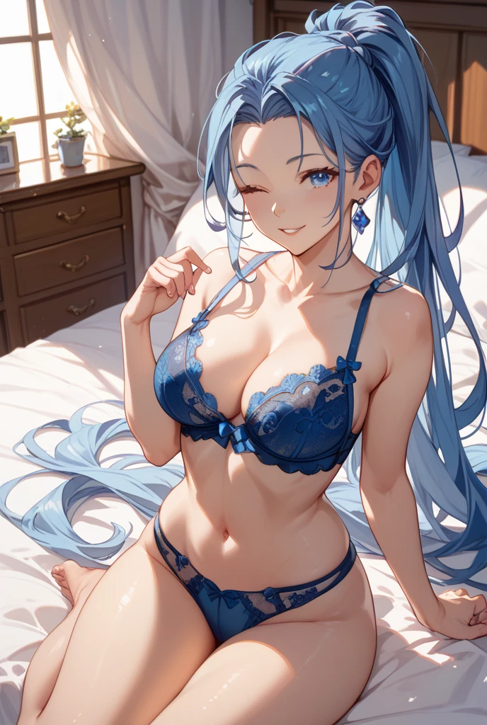 Create an anime-style illustration of a 17-year-old girl named Shizuka. She has long, straight, blue hair with bangs cut straight across her forehead. She has large, almond-shaped silver-blue eyes and porcelain-like white skin. Shizuka often wears glasses.Getting ready in the morning、Super big breasts、Sexy Lingerie