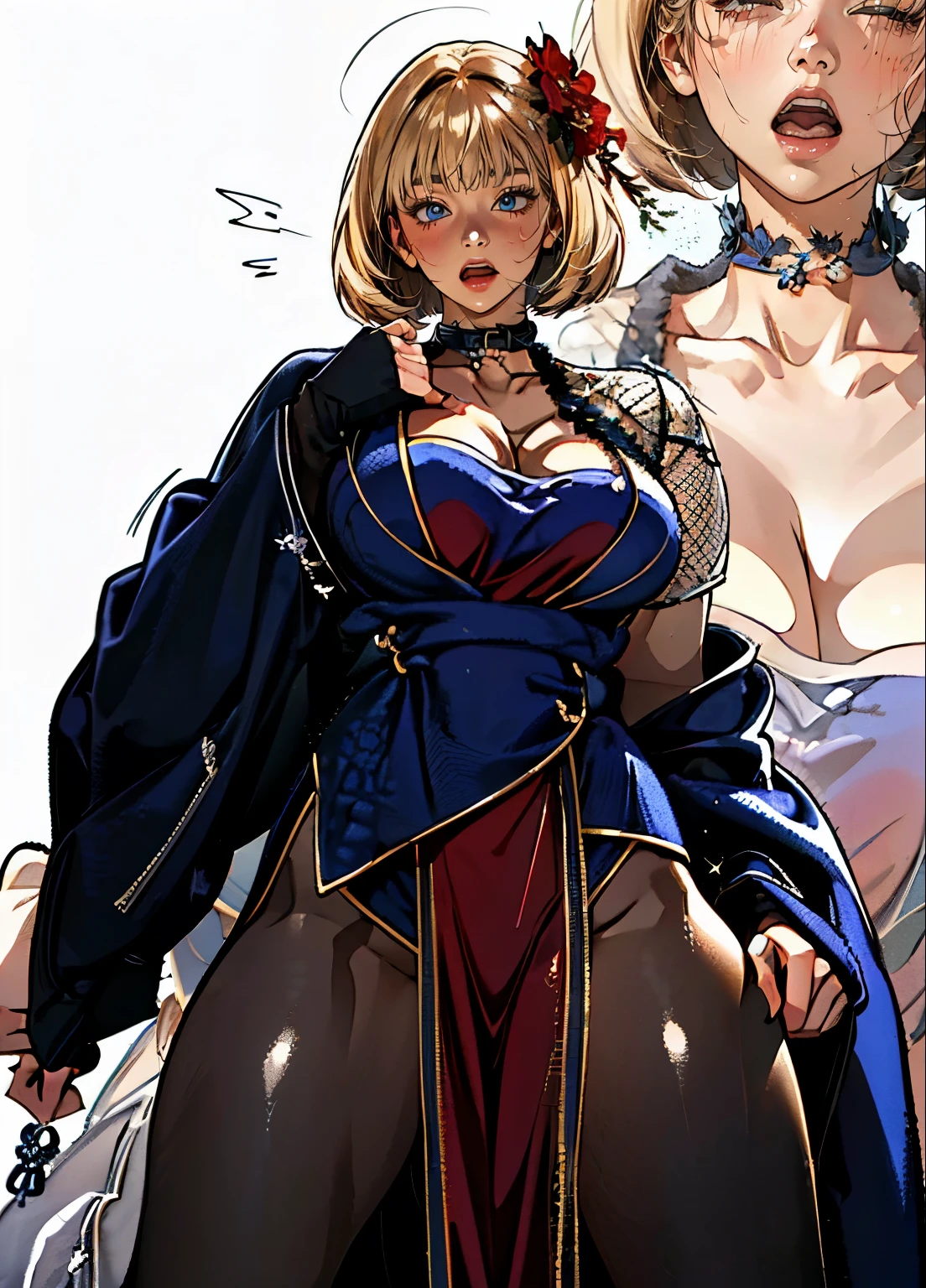 (absurdres, highres, super high resolution), Close-up of a person wearing a, (solo), (1girl:1.5), ((white background))), ((( visible chest bone ))), (((Big breasts))), side slit skirt, Three Kingdoms of China costume, revealing costume, hair ornaments, ((mesh)), lips, (((Open your mouth))), blush, Keep the color of the costume, Blonde
