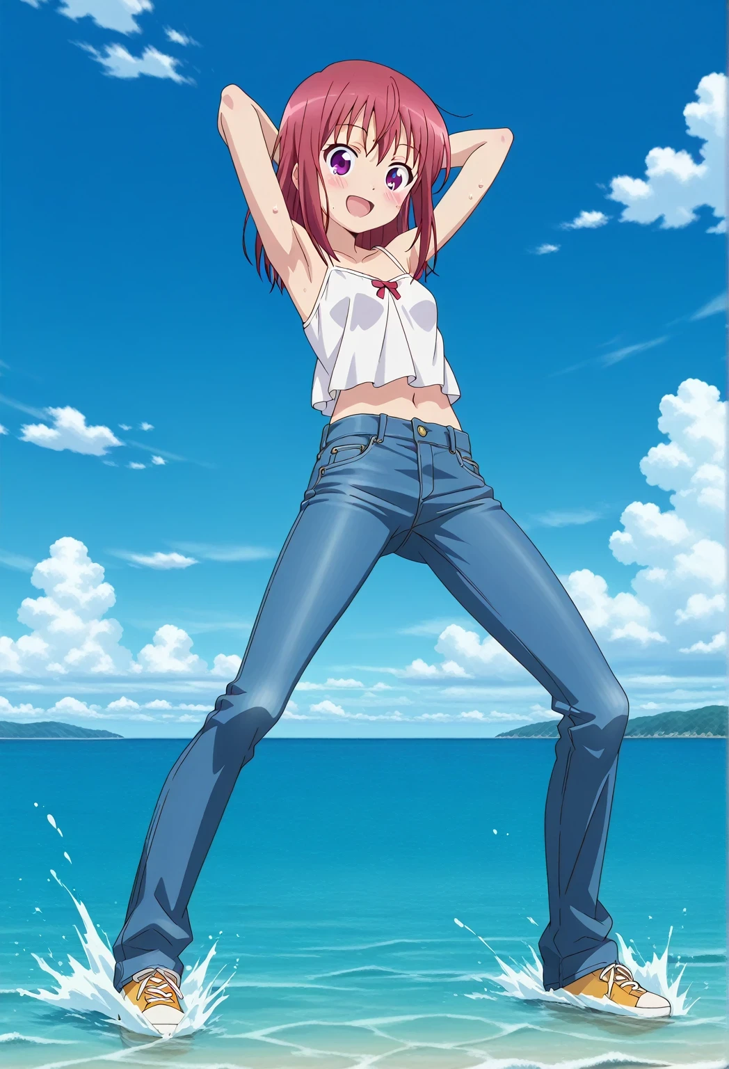 score_9, score_8_up, score_7_up, source_anime, highres, hi res, ((best quality, top quality, perfect quality, Highest Quality, amazing quality)), {{masterpiece}}, {{an extremely delicate and beautiful}}, 2d, intricate details, official style, anime, 8k, anime style, official_anime, official art, digital painting, cell shading, soft shading, high resolution, soothing tones, Subdued Color, Soft cinematic light, adobe lightroom, photolab, HDR, intricately and hyper-detailed, ((high quality animation)), 1 girl, Alone, solo, ((ocean)), tsunami, on the water, day, sunny, outdoors, sky, windy, Kanzaki Tomoyo, Inou Battle wa Nichijou-kei no Naka de, kyoto anime style, purple eyes, red hair, medium hair, straight hair, sidelocks, anime coloring, anime screencap, small , white camisole top, crop top, white crop top, best quality, hyper-detailed jeans, ((blue jeans:1.9)), (dark blue jeans:0.6), full medium body, medium shot, Open mouth, smiling, happy face, blush, sweat, standing, ((arms behind head:6.0)), ((perfect arm line:2.5)), bowlegged, sliding pose, action, looking at viewer, , Bend knees slightly, straight-on front view
