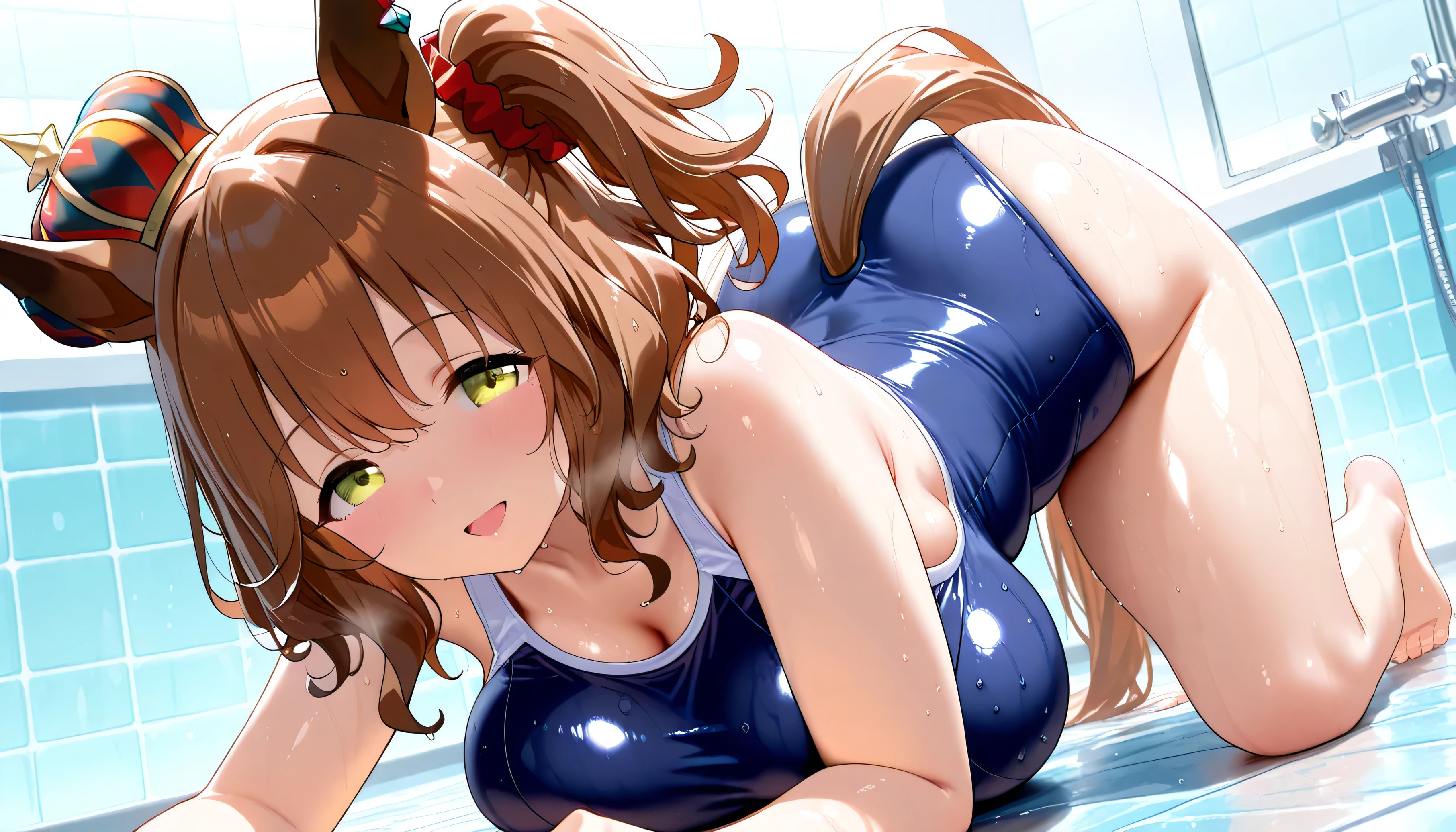 Enchanting Eyes, masterpiece, best quality, ultra-detailed, top quality, 8K, very aesthetic, intricate details, gl0ssy, shiny skin, Suchwet, gleaming skin, 
cowboy shot, upper body, (from front), 
at shower room,
umamusume, (1girl), solo, Aston machan \(umamusume\), green eyes, tareme, horse girl, horse ears, horse tail, head on mini crown, side ponytail, lightbrown hair, medium hair, hair ornament, red head scrunchie,
school swimsuit, all fours, bend knees, smile, torogao, big breast, barefoot, 
curvy, (wide hip:1.3), very thick thigh, chubby, plump, wet, wet hair, looking at viewer